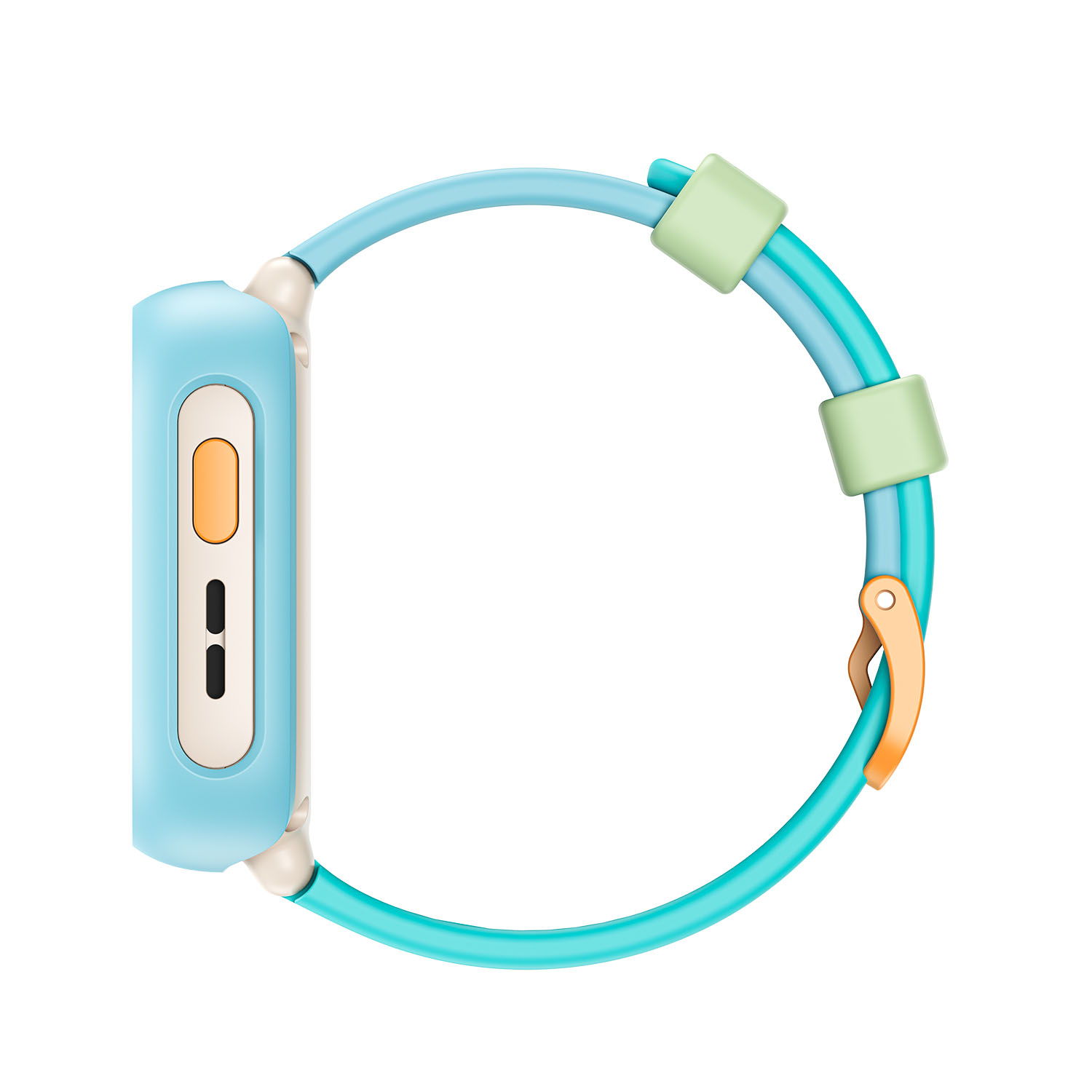 Reloj infantil azul con correas coloridas y botones laterales sobre fondo blanco.