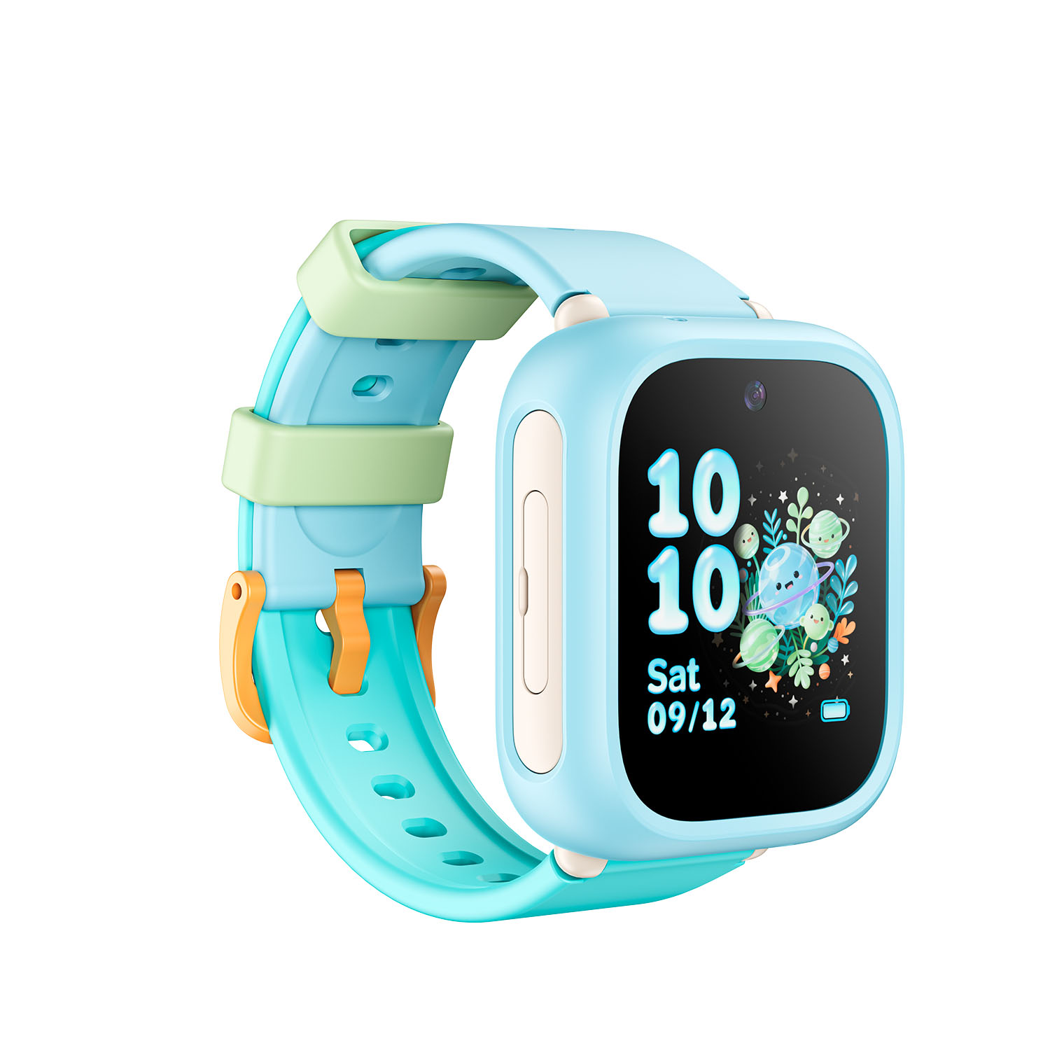 Reloj inteligente azul para niños con esfera de planetas y correa de silicona verde menta sobre fondo blanco.