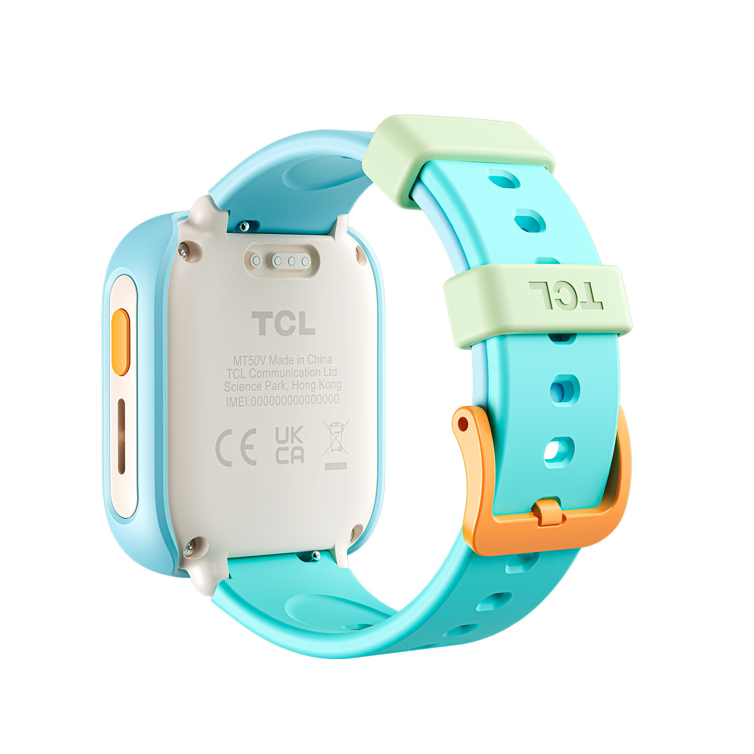 Parte trasera de un reloj inteligente para niños TCL azul y verde con hebilla naranja sobre fondo blanco.