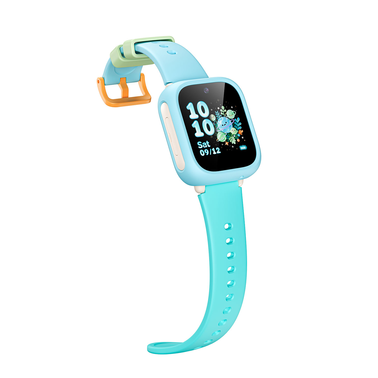 Reloj inteligente azul para niños con detalles coloridos y pantalla digital sobre fondo blanco.