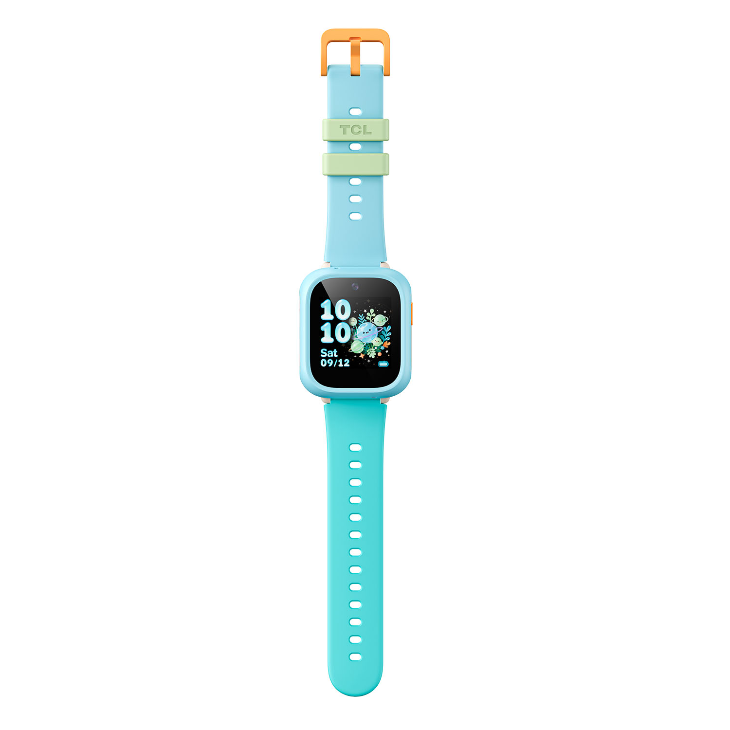 Un reloj inteligente para niños azul claro con hebilla naranja y pantalla digital con hora y fecha.