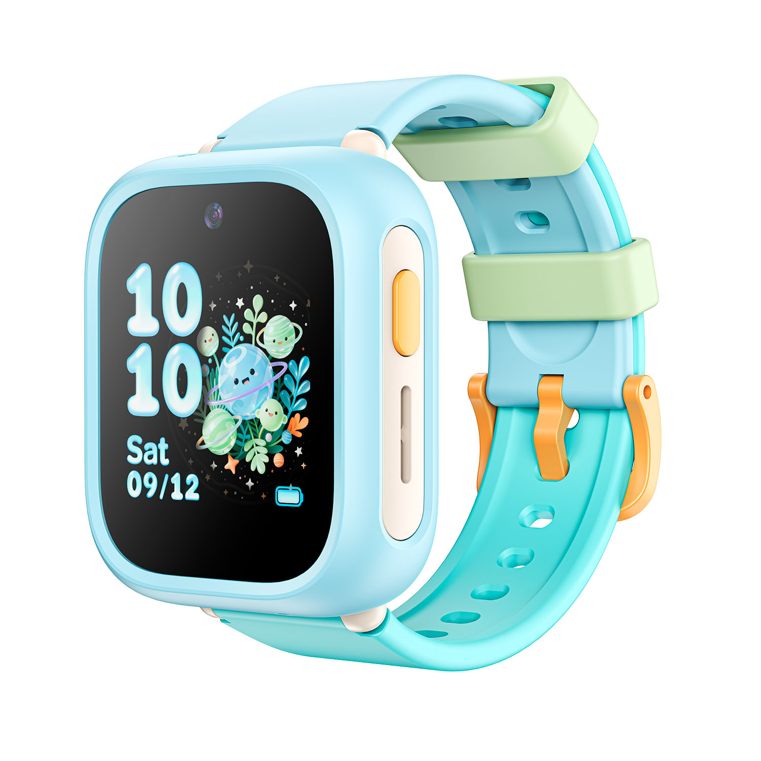 Un reloj inteligente infantil azul claro con pantalla espacial y correa colorida sobre blanco.