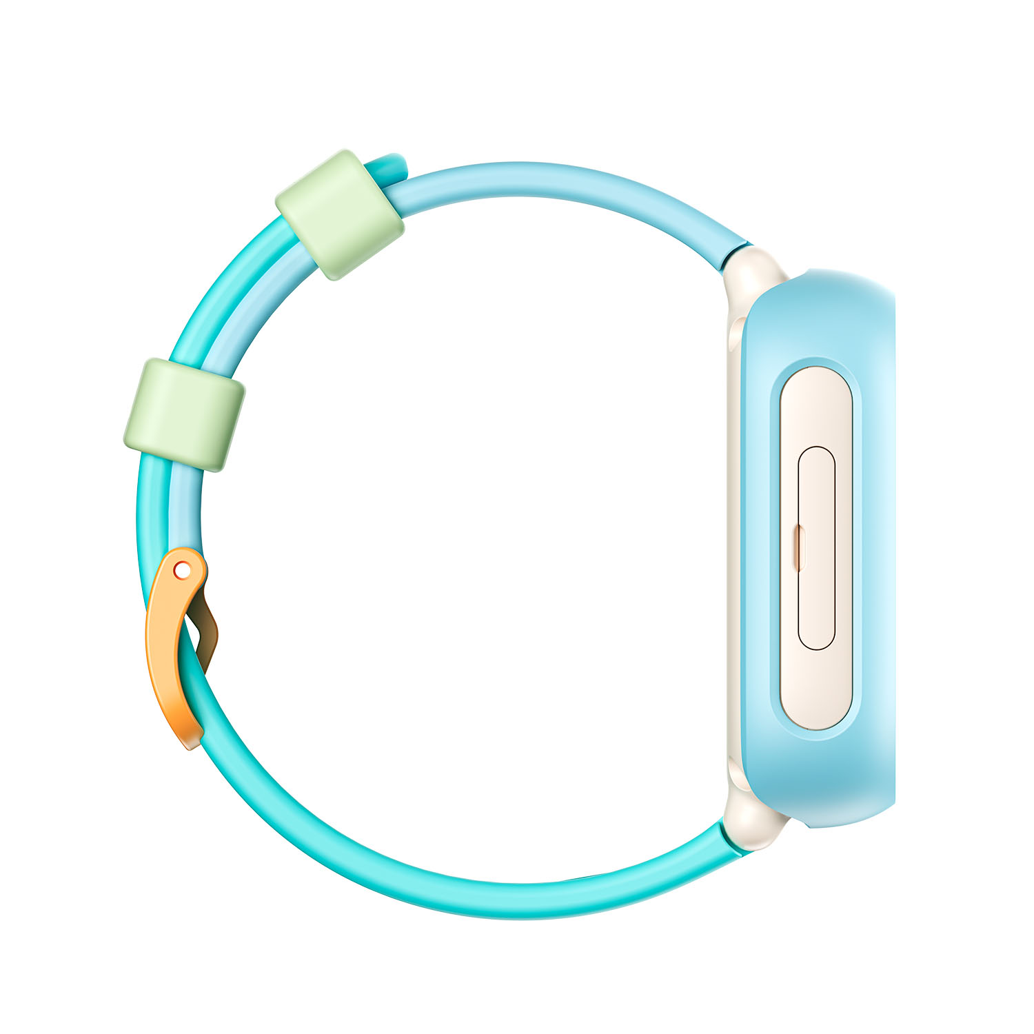 Vista lateral de un reloj inteligente colorido para niños con correa azul claro y hebilla naranja.
