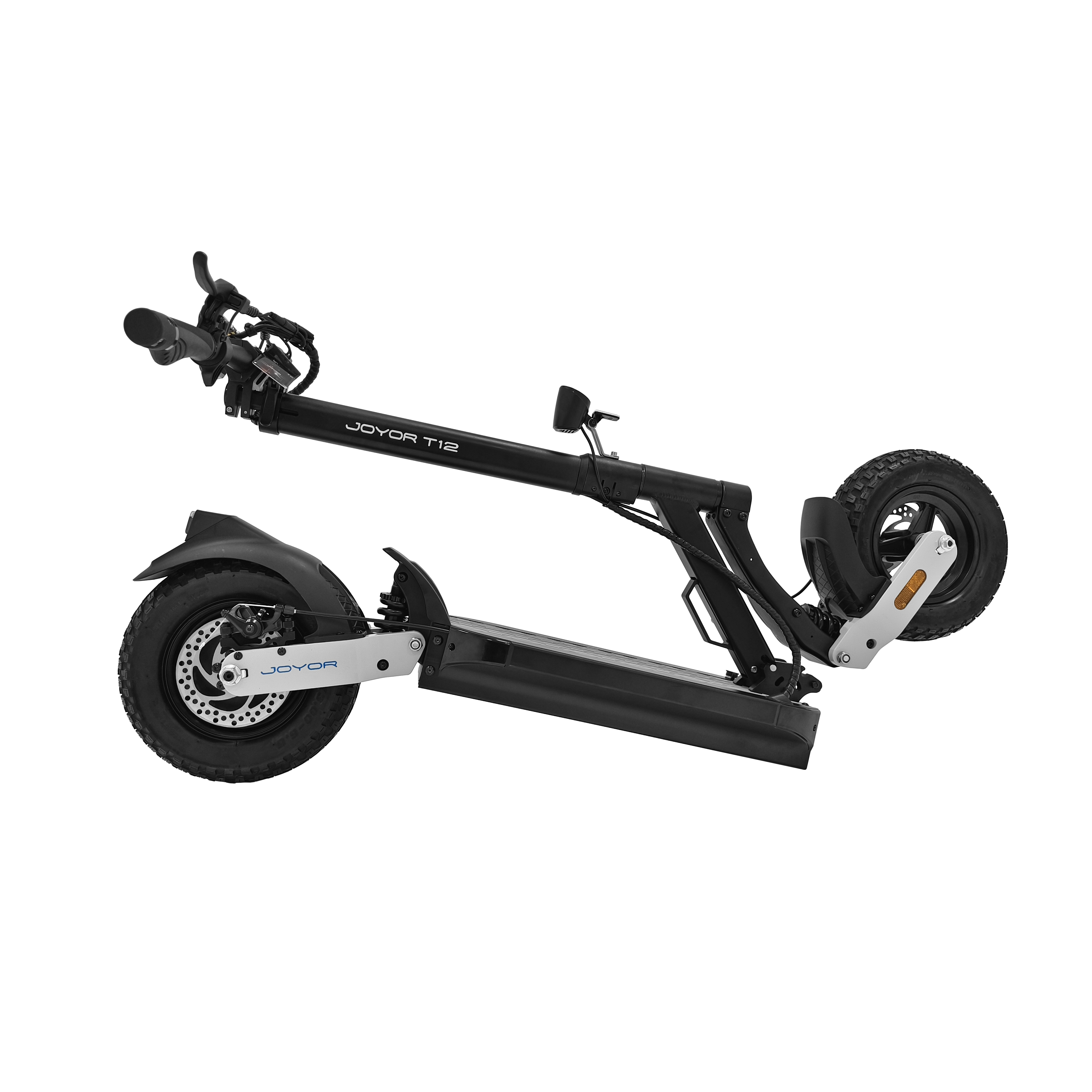 Egy fekete Joyor T12 elektromos roller, összehajtva fekete háttér előtt.