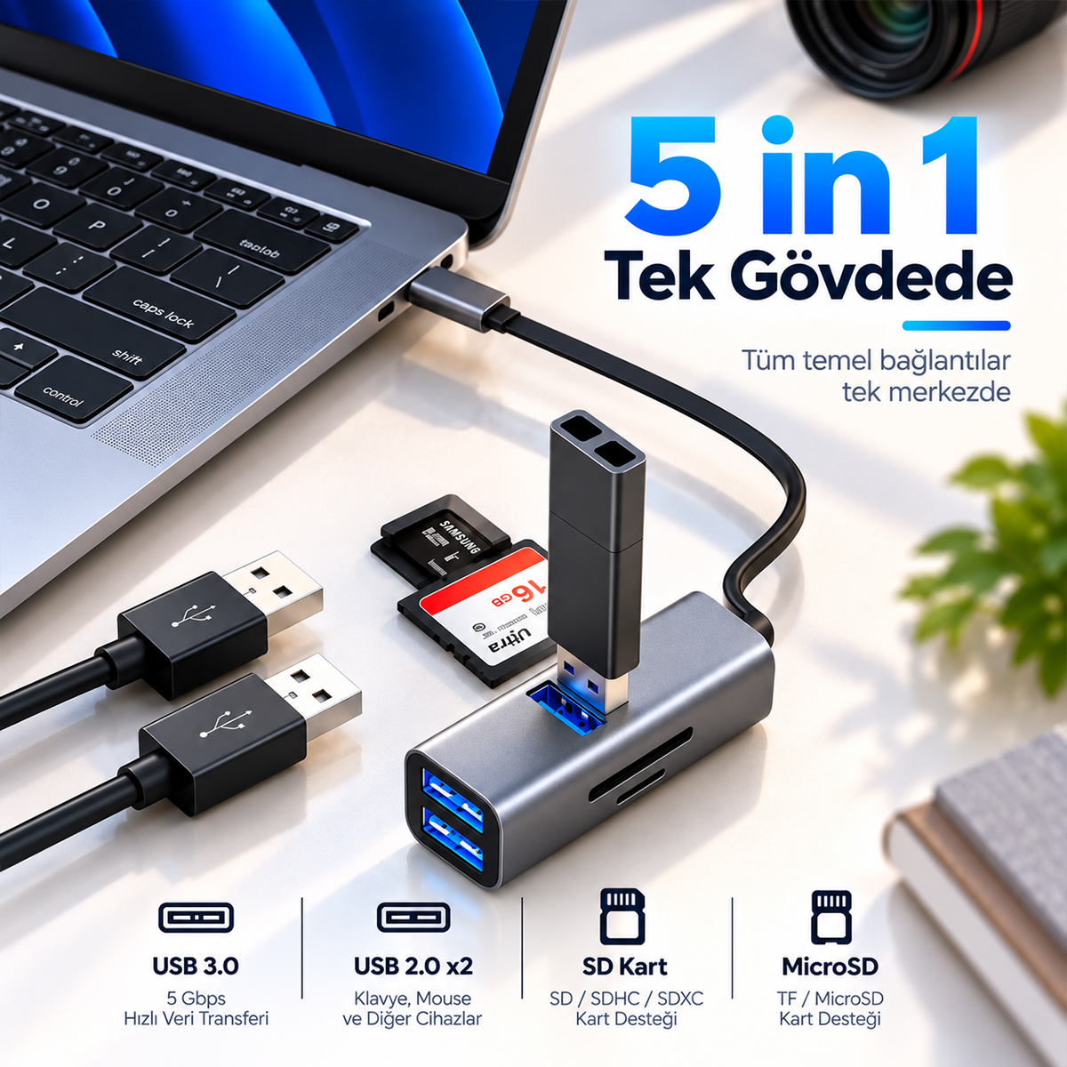 Dizüstü bilgisayara bağlı gri 5'i 1 arada USB çoklayıcı, hafıza kartları ve kablolar.