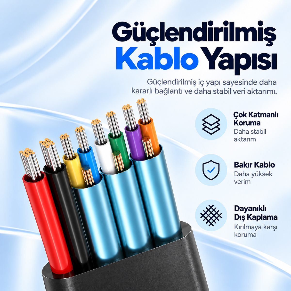 İç bakır telleri ve koruyucu katmanları gösteren güçlendirilmiş, çok renkli bir kablonun kesiti.