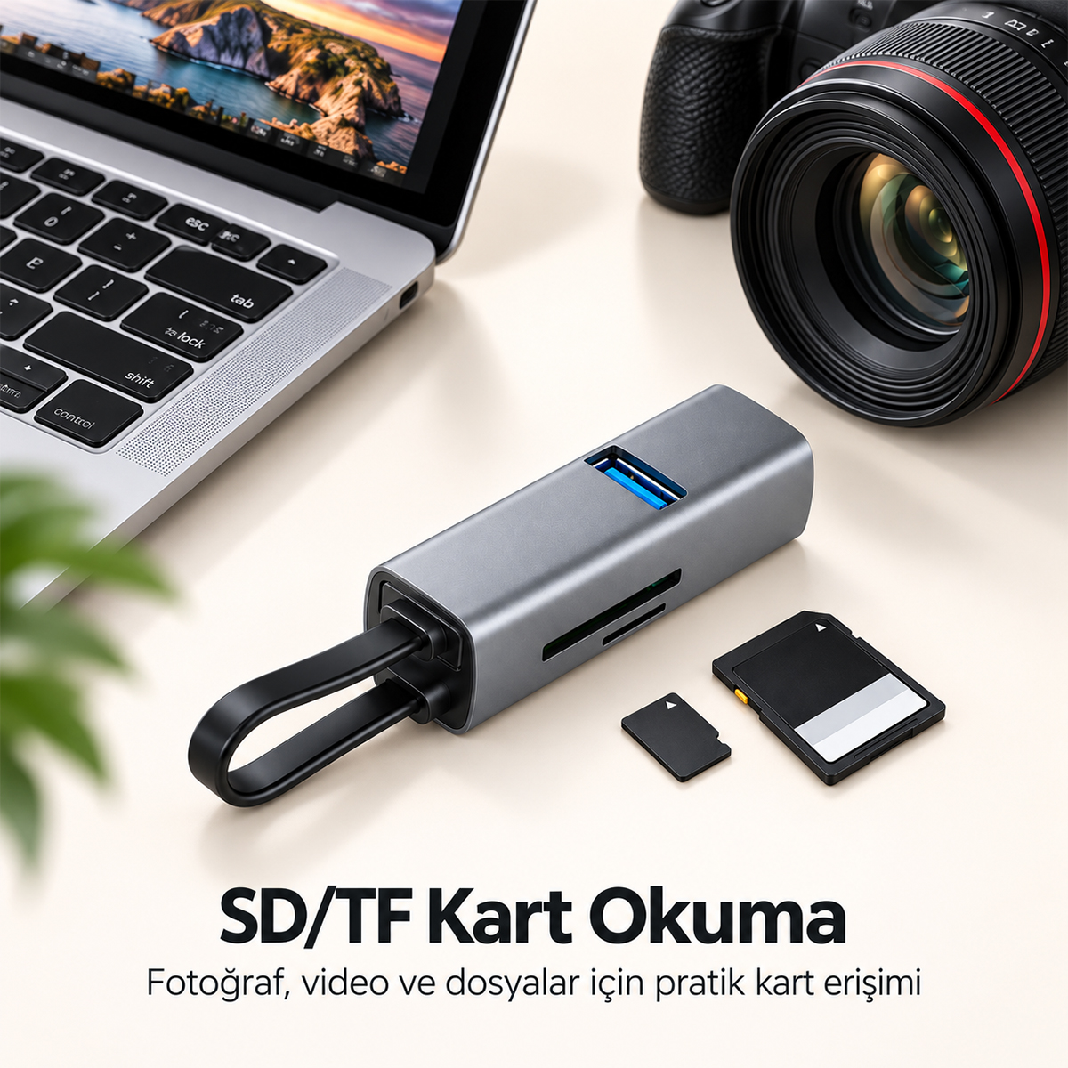 Açık renk masada dizüstü, kamera ve hafıza kartları yanında gri USB çoklayıcı.