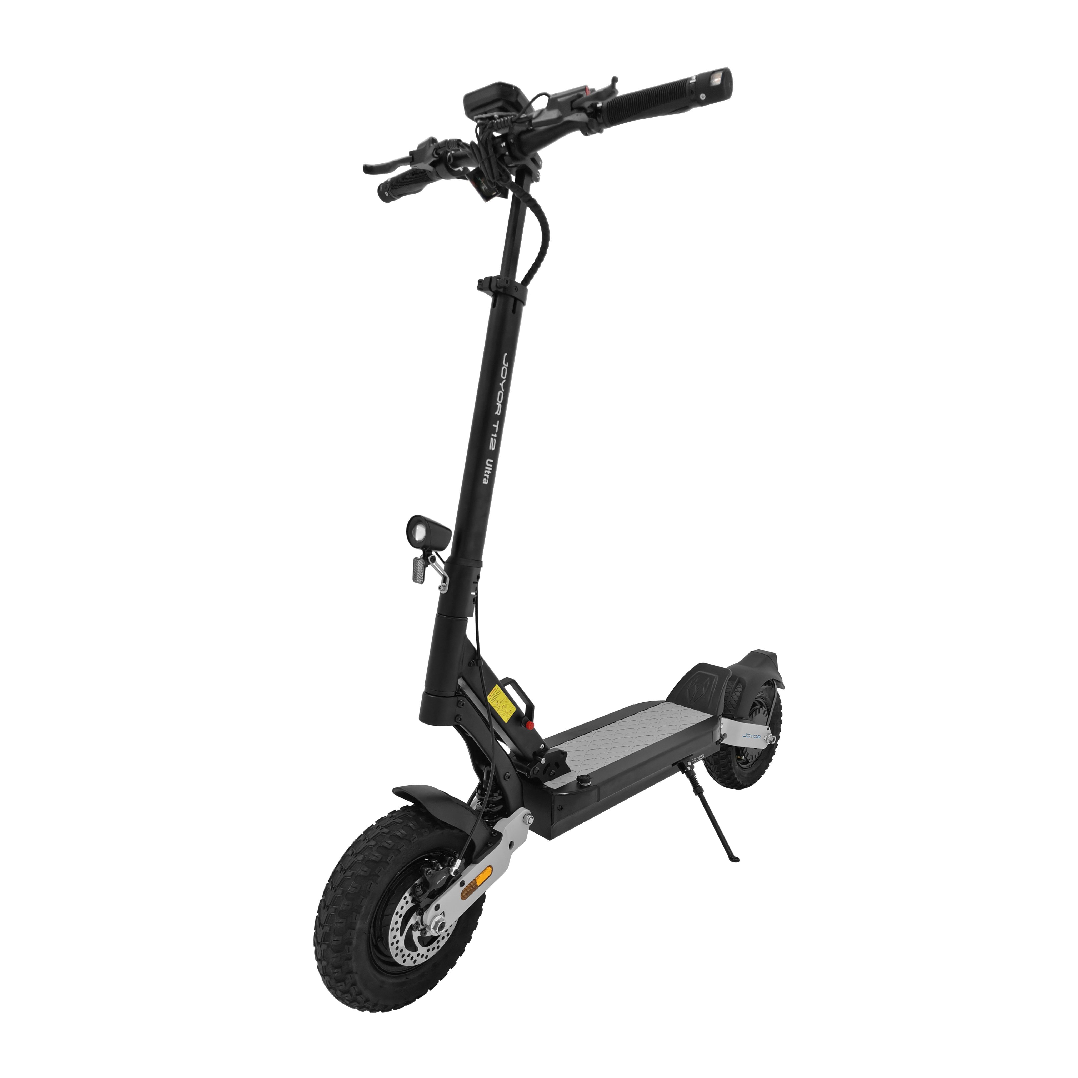Egy fekete Joyor T12 Ultra elektromos roller fekete háttérrel.