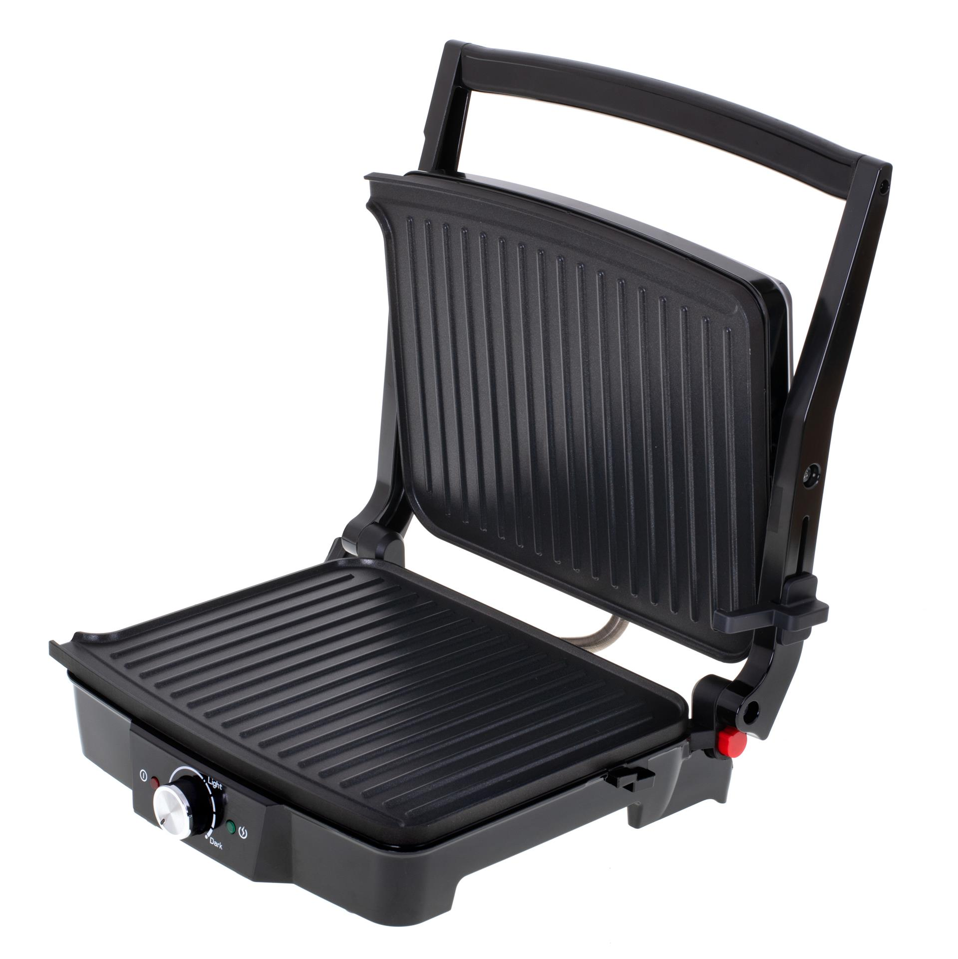 Czarny elektryczny grill kontaktowy z otwartą płytą żebrowaną i regulacją temperatury na białym tle.