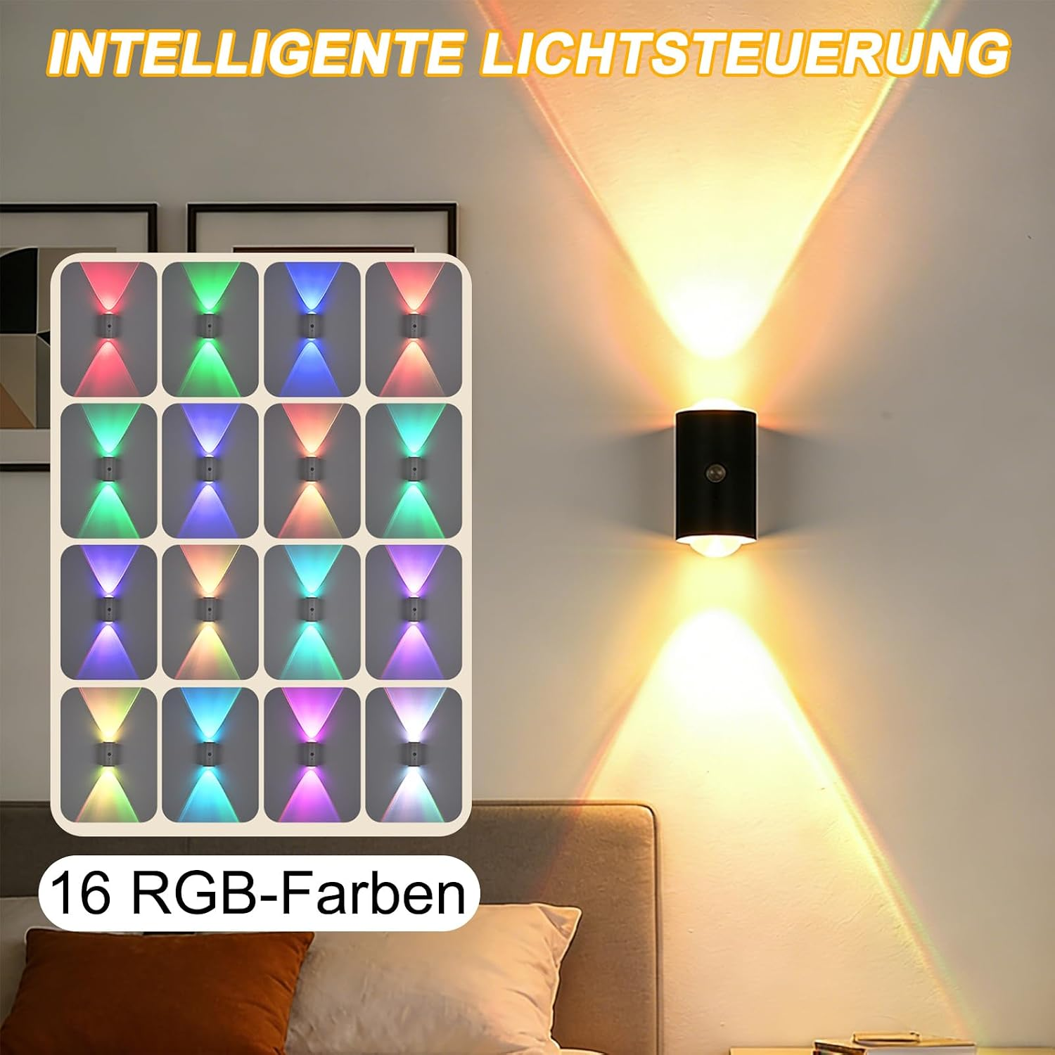Wandlampe mit aufwärts und abwärts gerichteten Lichtkegeln und einer Farbpalette mit 16 RGB-Farben.