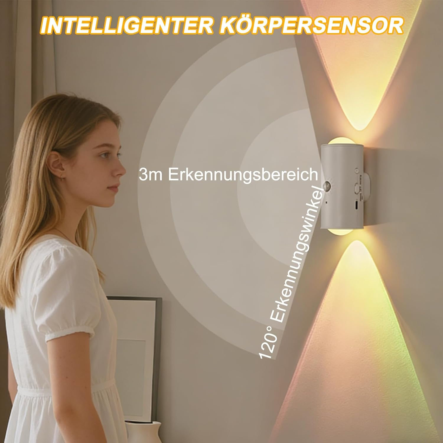 Frau steht vor einer Wandlampe mit Bewegungssensor und Lichtkegeln.