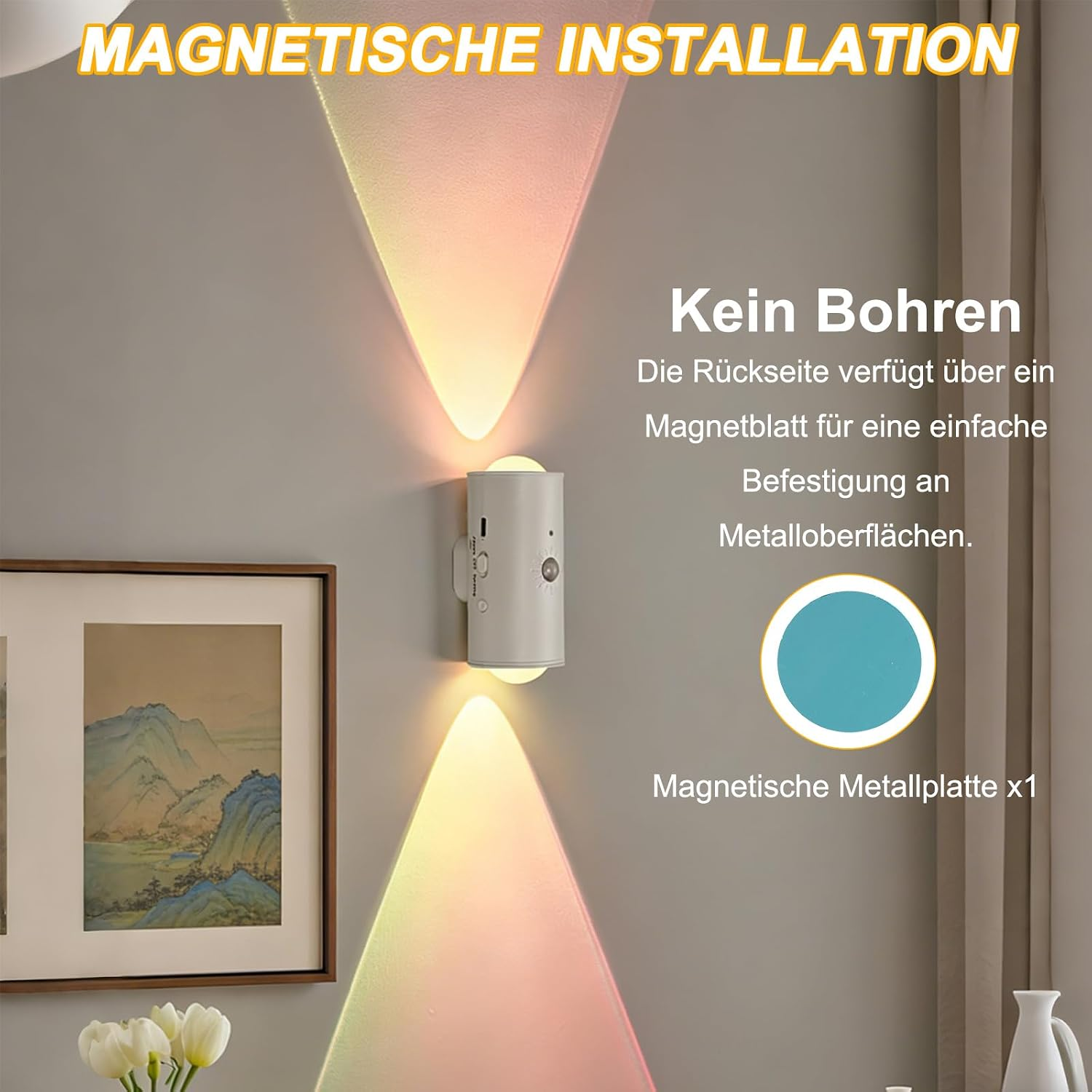 Wandlampe mit Magnethalterung für einfache Installation ohne Bohren, projiziert farbiges Licht.