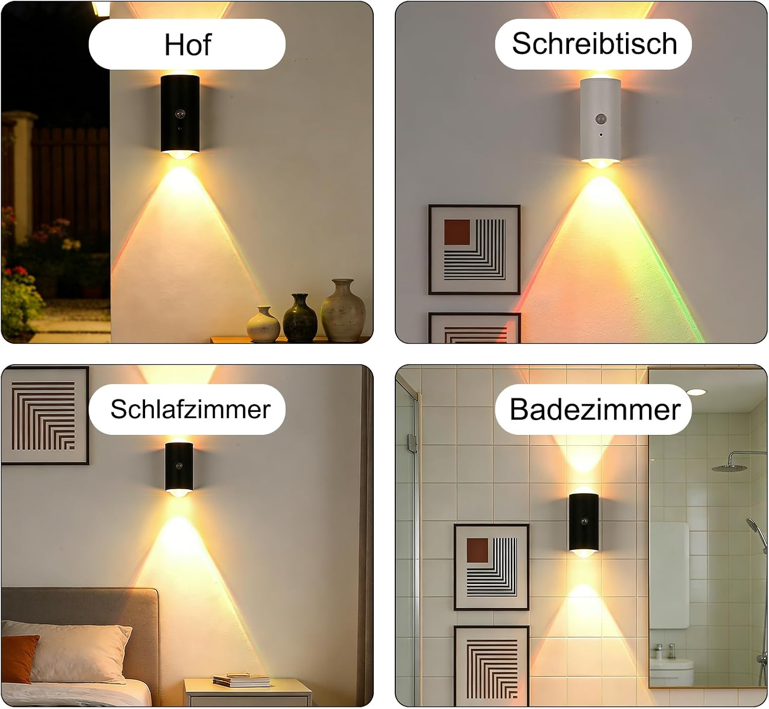 Vier Bilder zeigen Wandlampen mit bunten Lichtkegeln in verschiedenen Räumen: Hof, Schreibtisch, Schlafzimmer und Badezimmer.