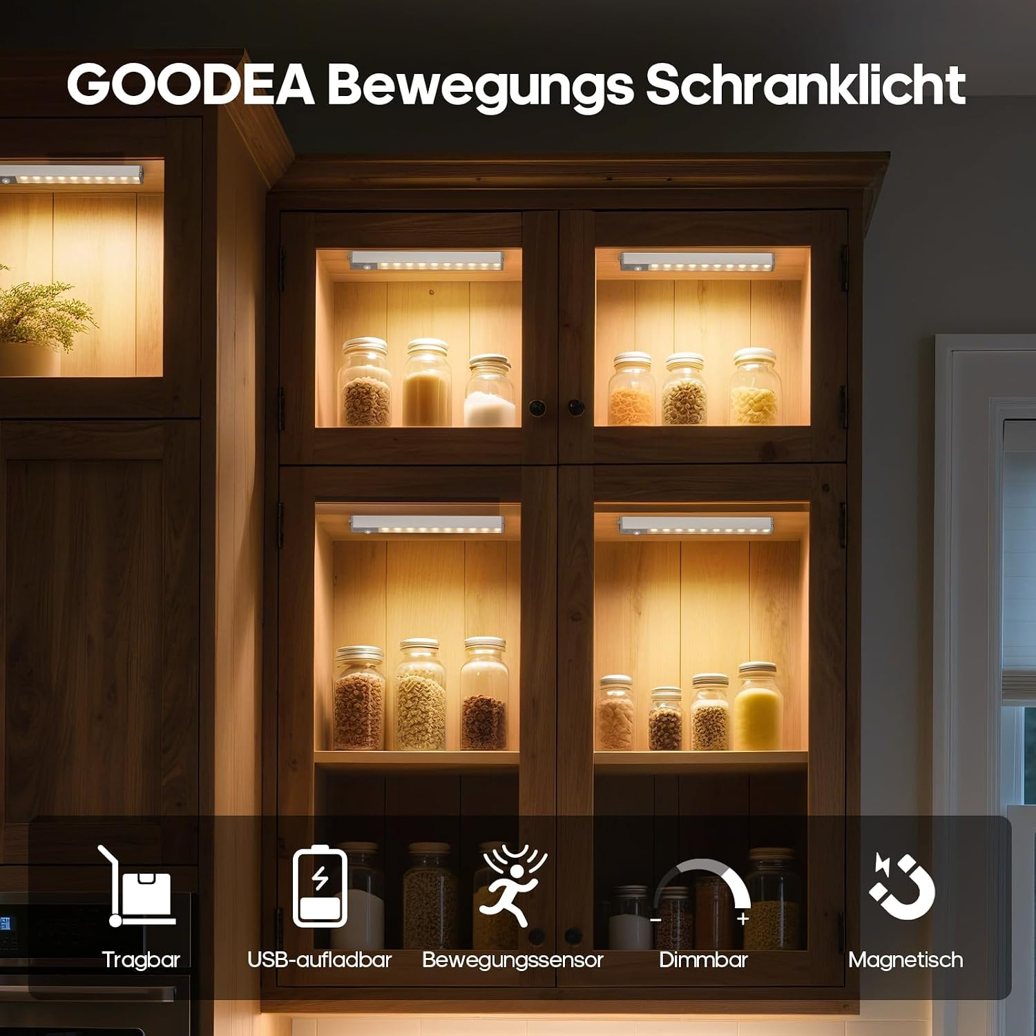 Holzschrank mit beleuchteten Regalen, gefüllt mit Glasbehältern und Symbolen für Funktionen unten.