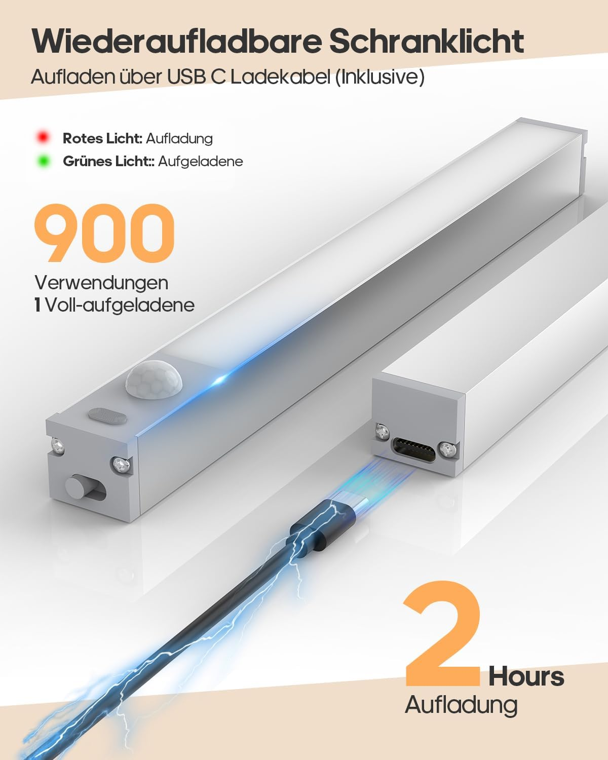 Wiederaufladbare Schrankleuchte mit USB-C-Kabel, 900 Verwendungen pro Ladung, 2 Stunden Ladezeit.