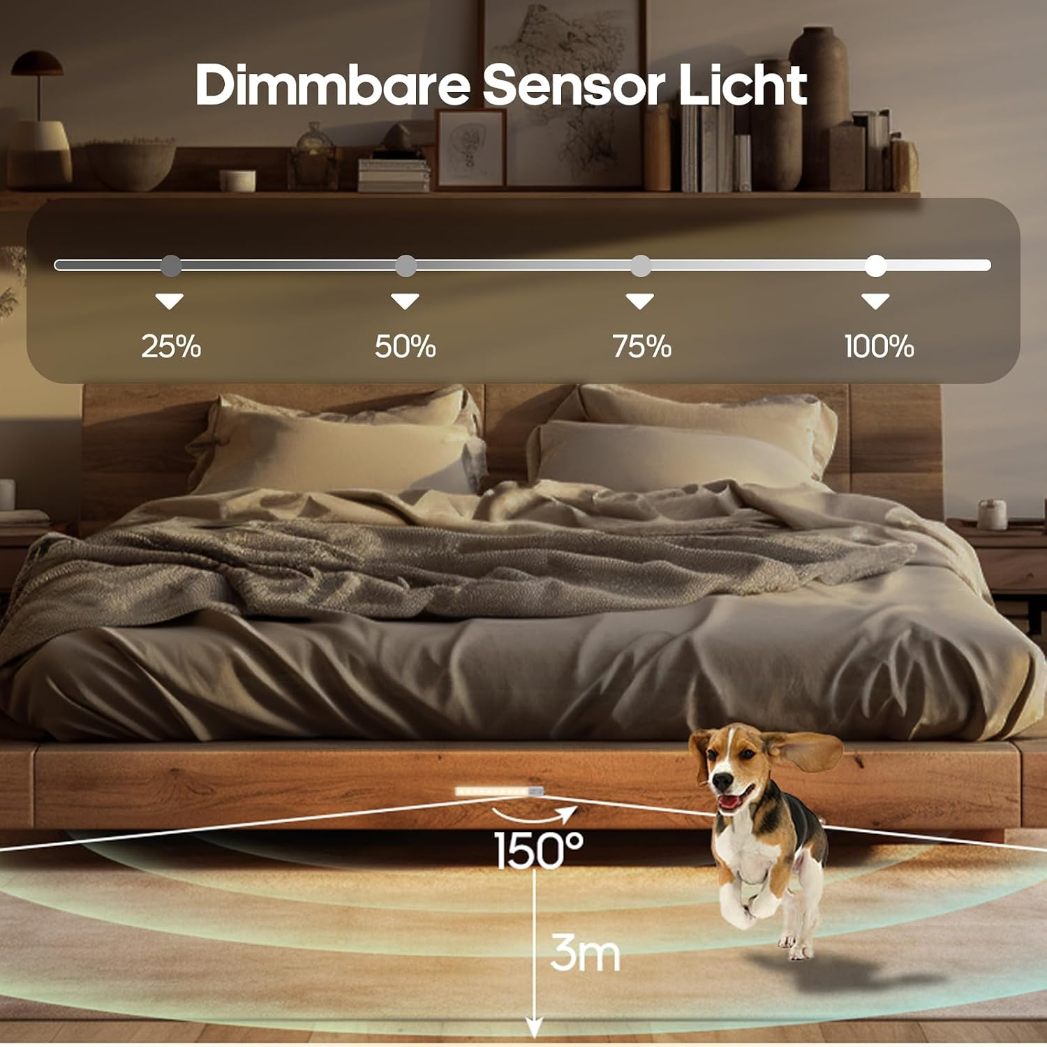 Schlafzimmer mit dimmbarem Sensorlicht und rennendem Hund auf dem Teppich.