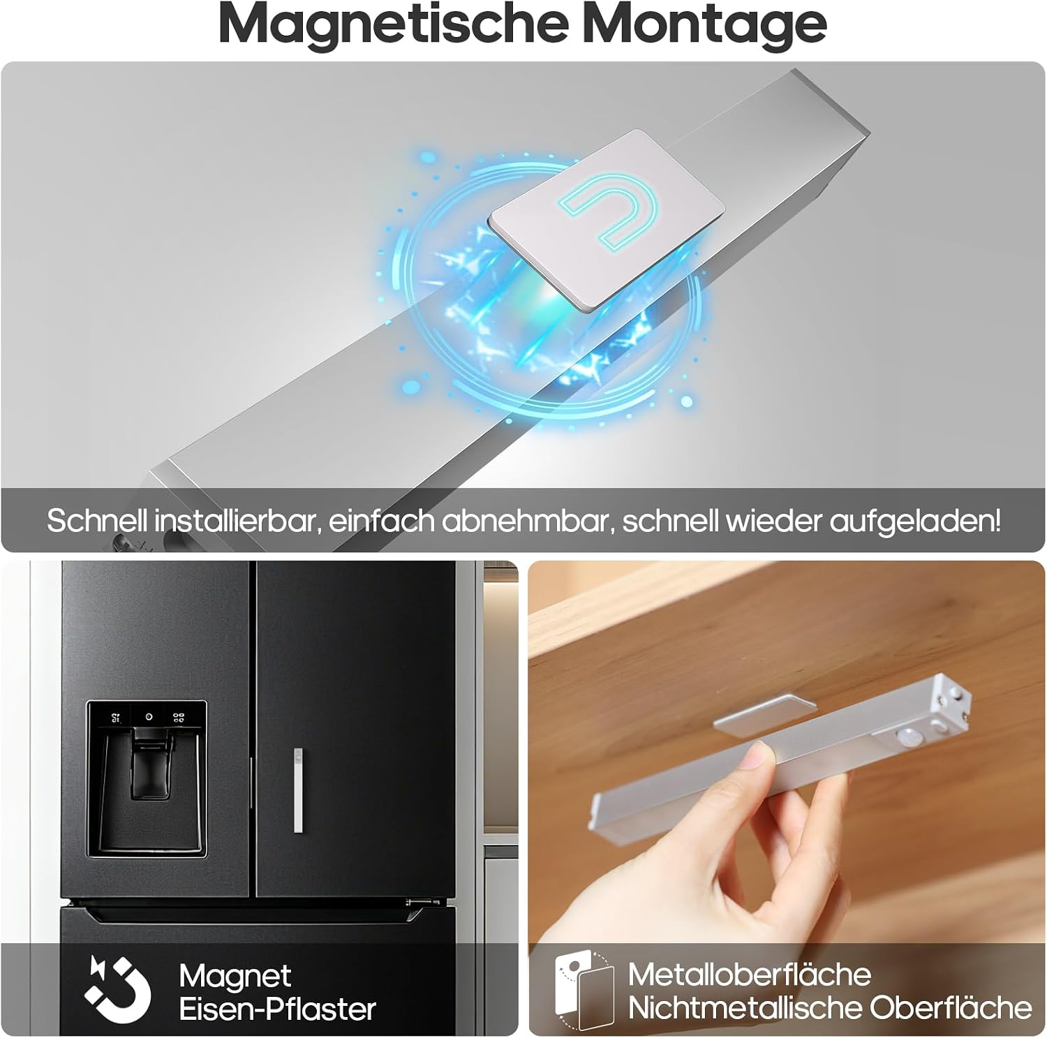 Grafik zur magnetischen Montage einer LED-Leuchte mit deutscher Beschriftung.
