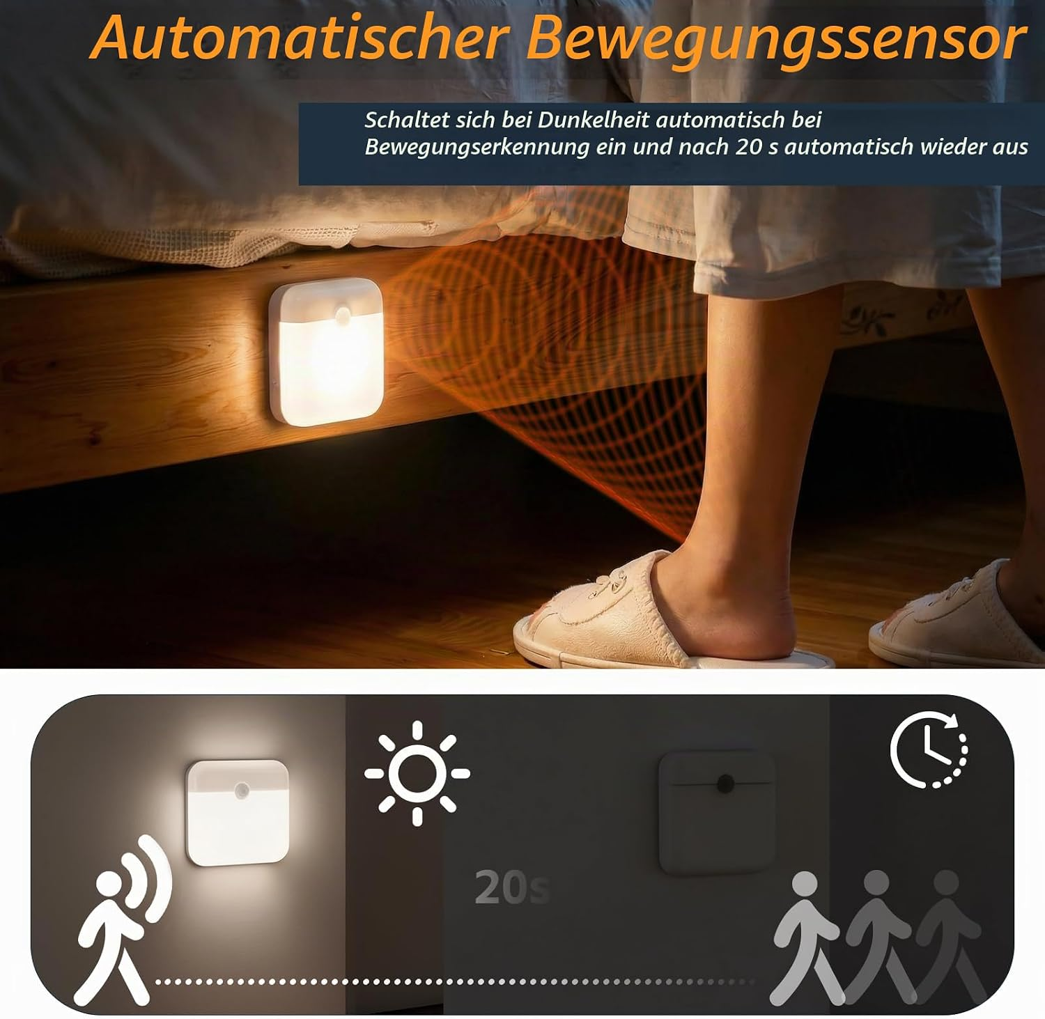 LED-Nachtlicht mit Bewegungsmelder leuchtet auf, wenn eine Person nachts aus dem Bett steigt.