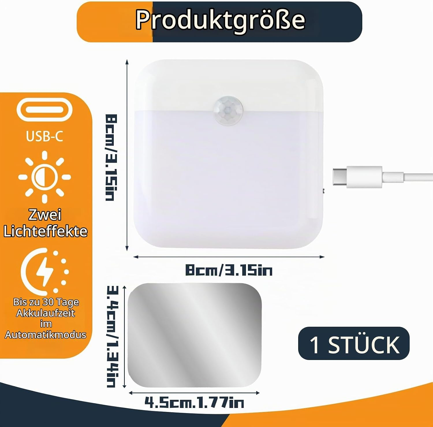 Produktgröße und technische Details einer quadratischen USB-C LED-Leuchte mit Bewegungsmelder.