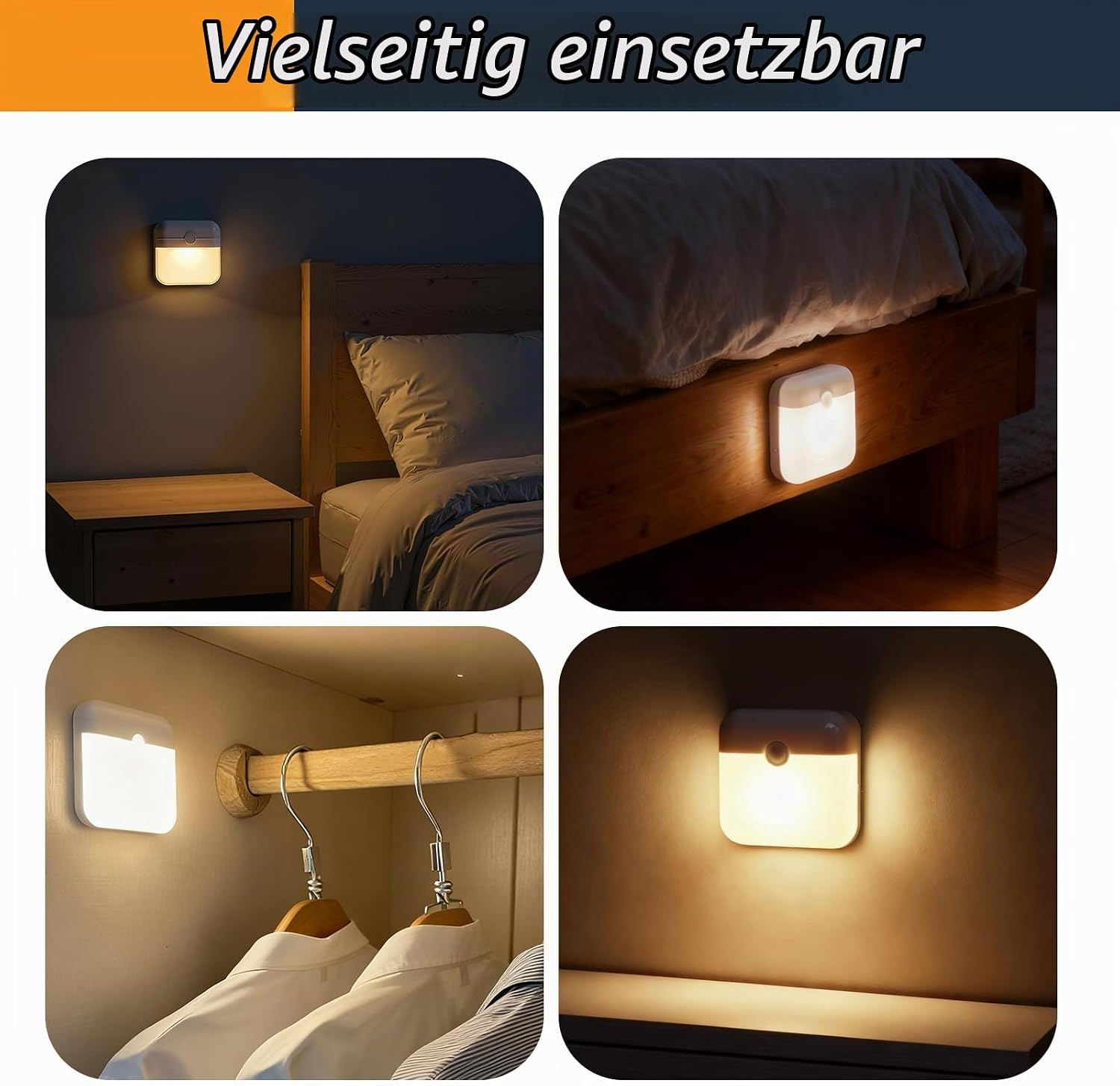 Vier Bilder zeigen eine kleine weiße LED-Lampe an einer Wand, einem Bett, in einem Kleiderschrank und einem Regal.