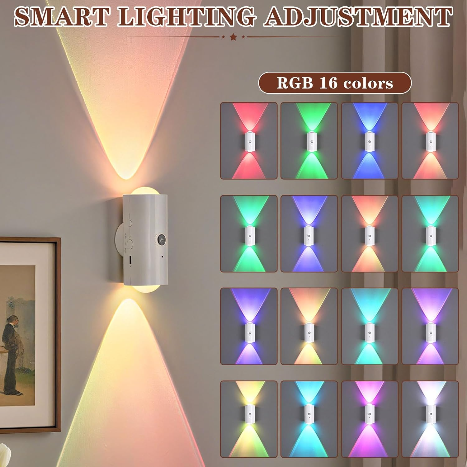 Eine weiße Wandlampe strahlt farbige Lichtkegel ab, danecht eine Raster mit sechzehn verschiedenen RGB-Farboptionen.