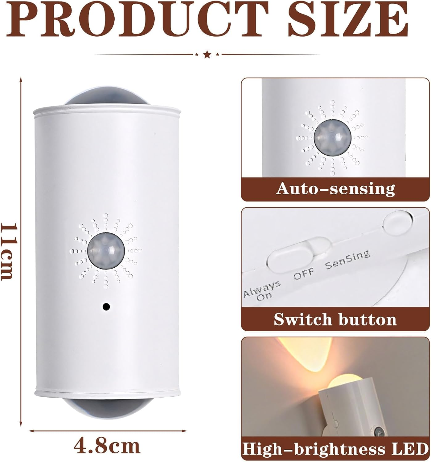Diagramm zeigt Produktgröße 11x4,8cm, Autosensing, Schalter und helle LED.