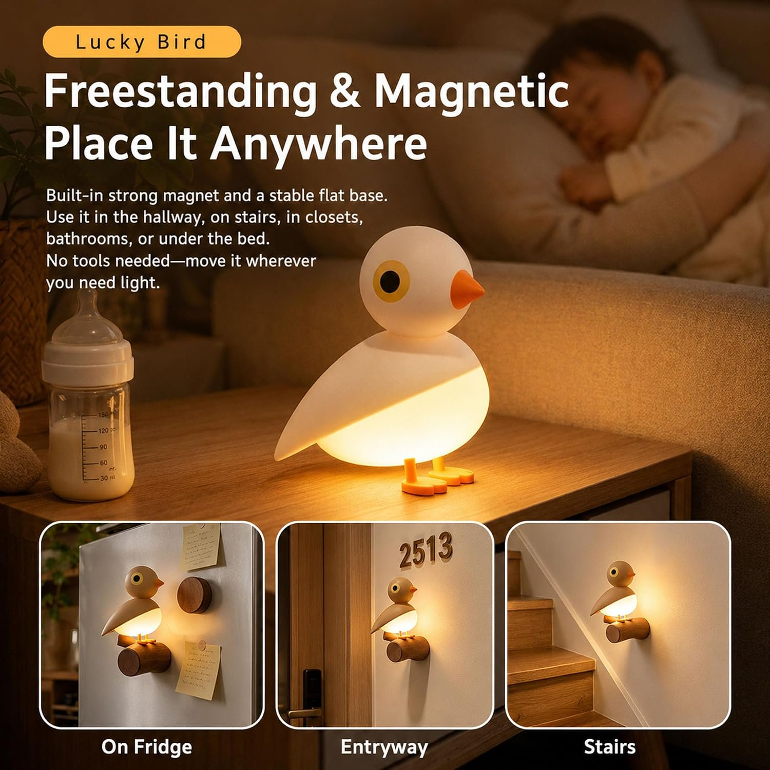 Eine weiße Vogel-Nachtlampe auf einem Nachttisch mit Text, der ihre magnetische Funktion und Platzierung zeigt.