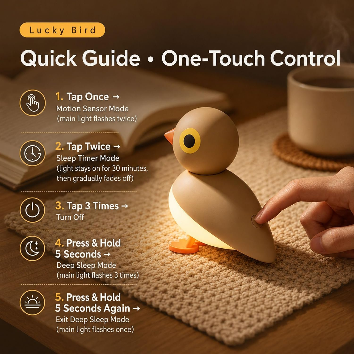 Eine Hand berührt eine kleine Vogel-Nachtlampe auf einer Matte, umgeben von Textanleitungen.