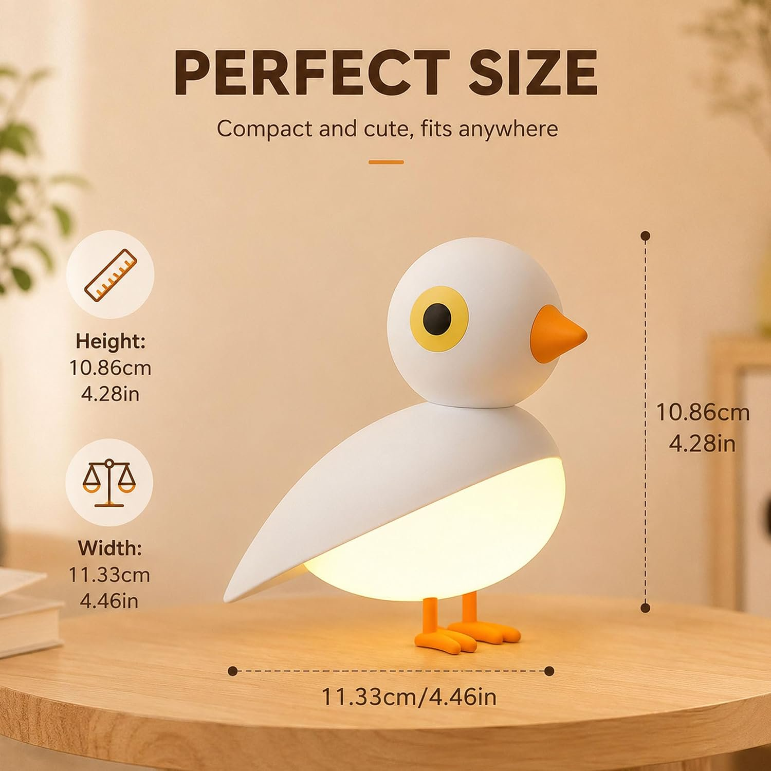 Ein süßes weiß-orangerot vogel-förmiges Nachtlicht auf einem Holztisch mit Maßangaben.