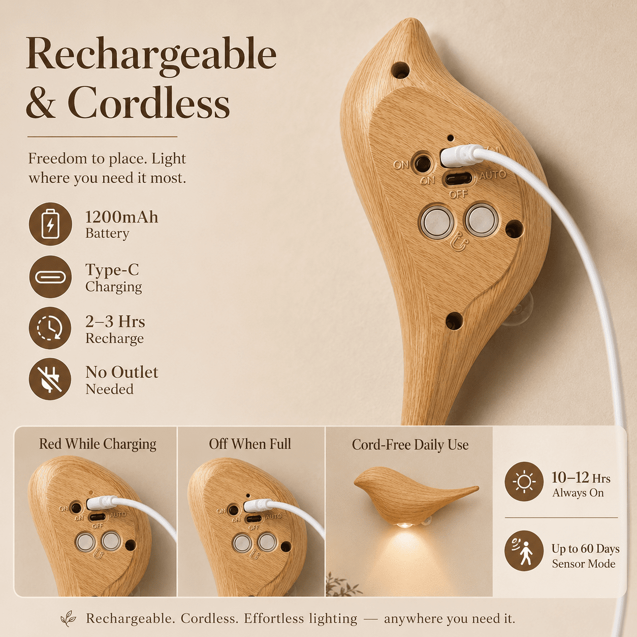 Holzvogel-Wandlampe, wiederaufladbar, kabellos, mit USB-C-Anschluss, Sensormodus und verschiedenen Lichtmodi.