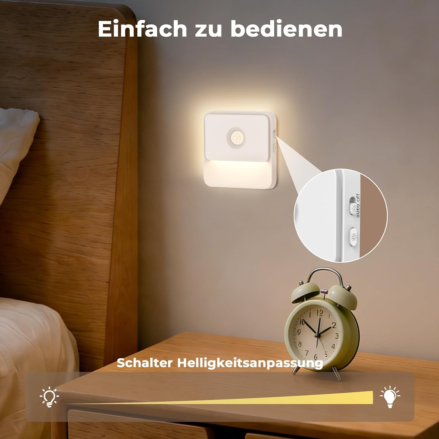 Weißes Nachtlicht an Wand über Nachttisch mit grünem Wecker, mit Schalterdetails in Lupe.