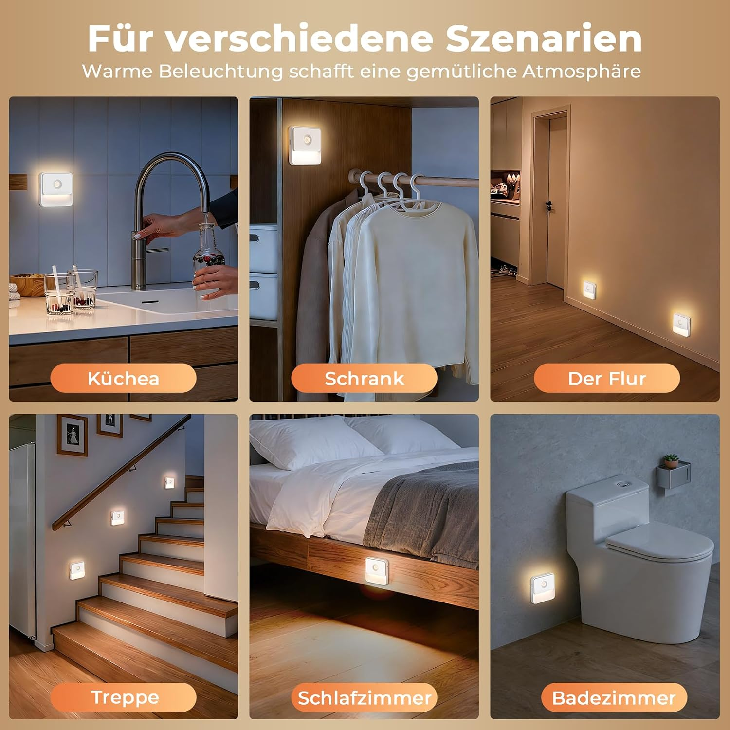 Sechs Bilder zeigen kleine LED-Nachtlichter in Küche, Schrank, Flur, Treppe, Schlafzimmer und Badezimmer.