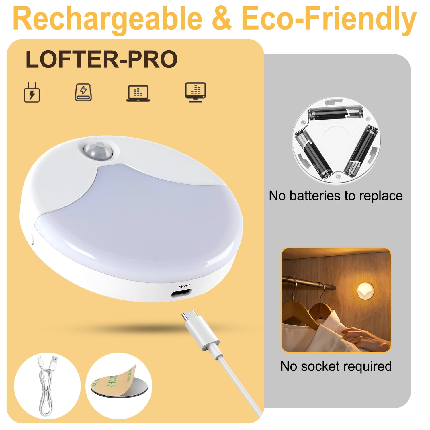 Wiederaufladbare, kabellose LED-Leuchte mit USB-Kabel, Sensor und Klebepad für Schränke.