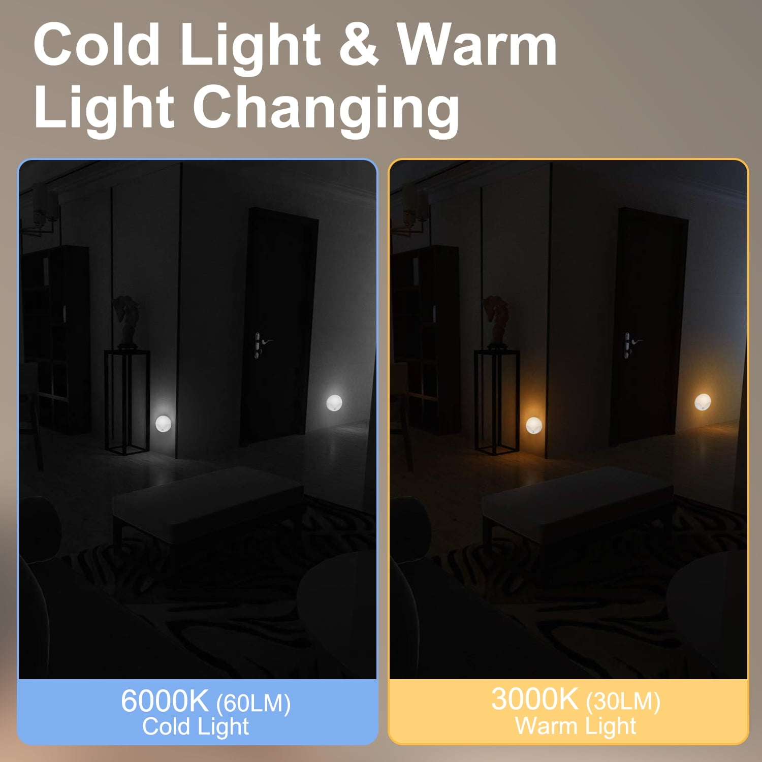 Vergleich von Kaltlicht (6000K) und Warmlicht (3000K) an einer Wand in einem Raum.