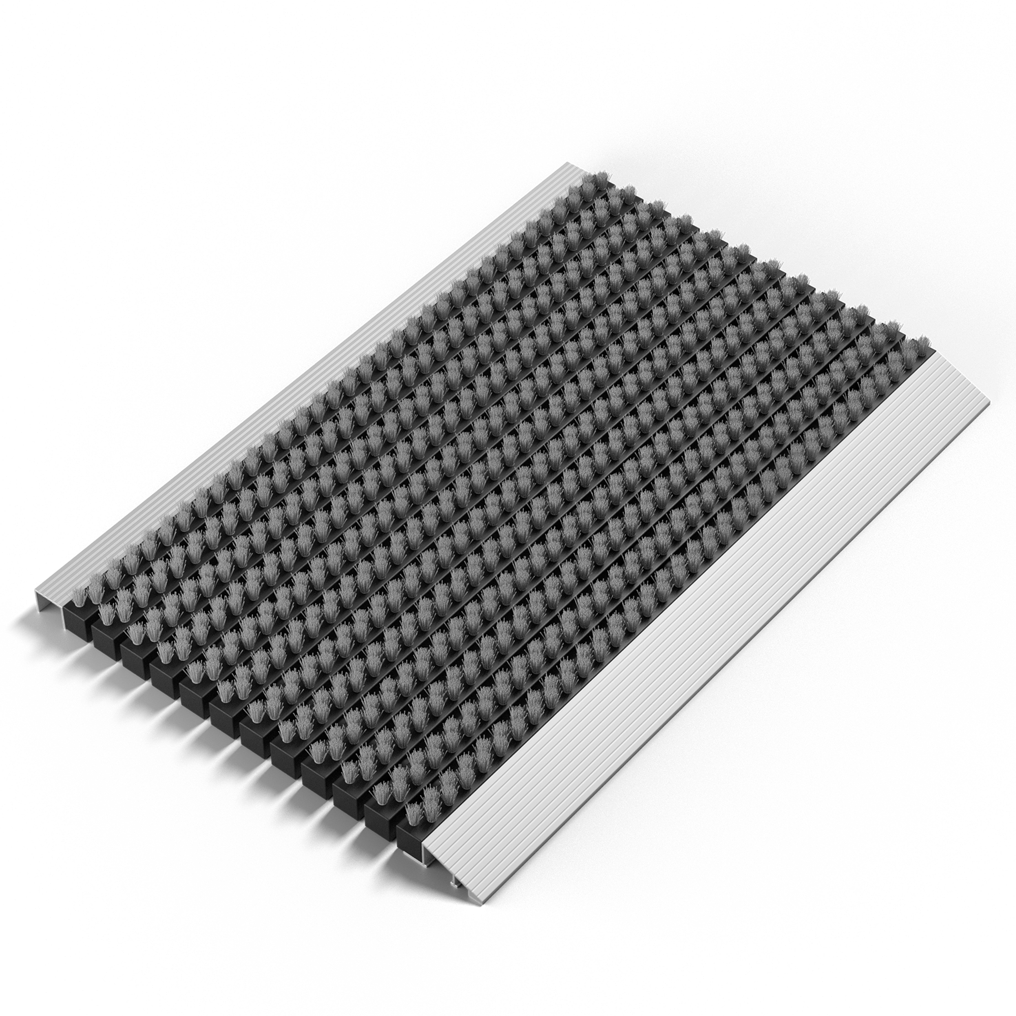 Eine Eingangsmatte mit schwarzen und grauen Borsten in Aluminiumprofilen auf weißem Hintergrund.