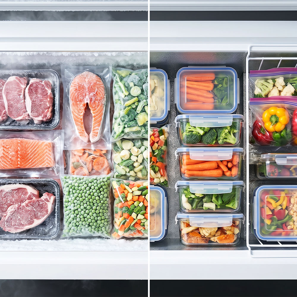 Un congelatore organizzato con carne confezionata, pesce, piselli e contenitori di verdure.