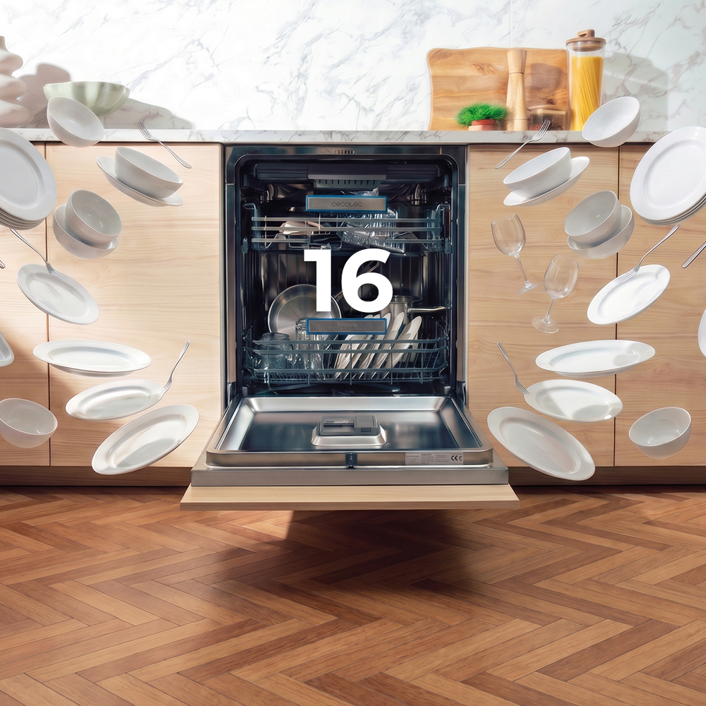 Lavavajillas abierto en una cocina de madera, con platos y vasos flotantes.