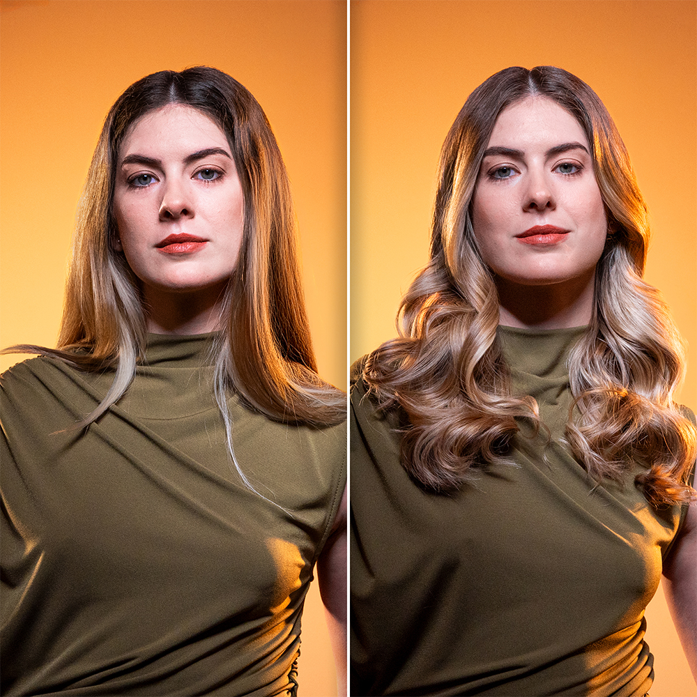 Confronto prima e dopo di una donna in cima verde oliva con capelli lisci a sinistra e ricci a destra.