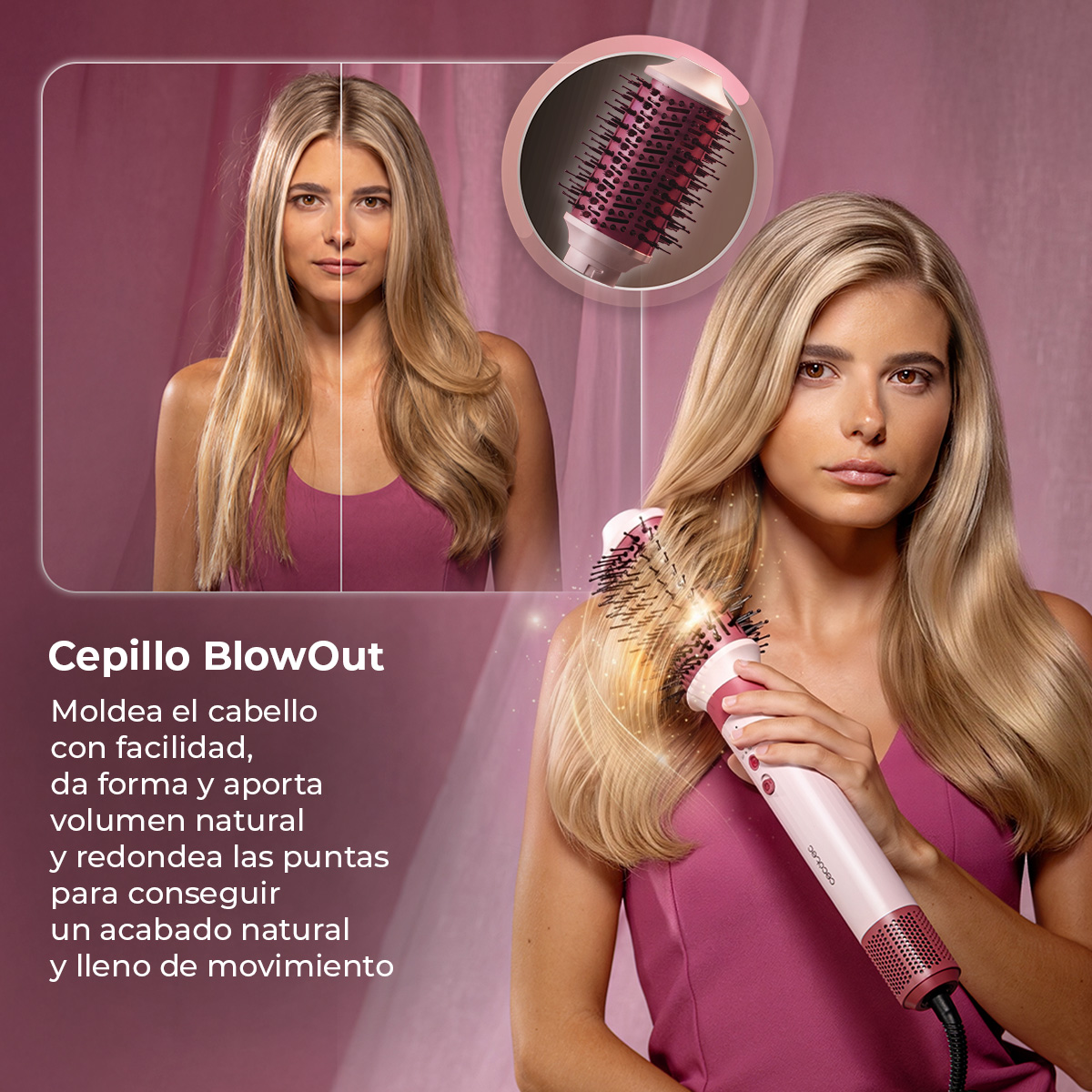 Una donna bionda usa una spazzola modellante rosa, mostrando risultati prima e dopo a sinistra.