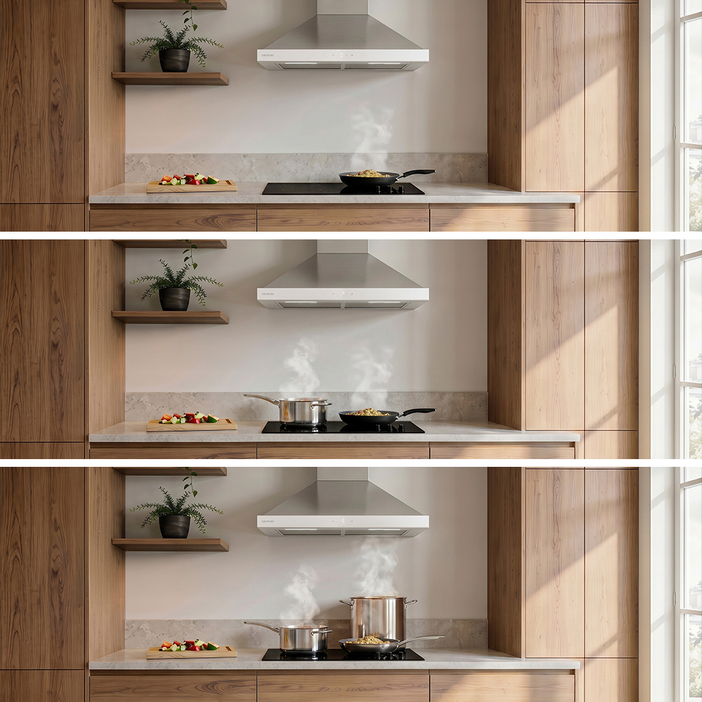 Tres vistas de cocina muestran ollas y sartenes humeantes en una encimera moderna bajo una campana extractora.