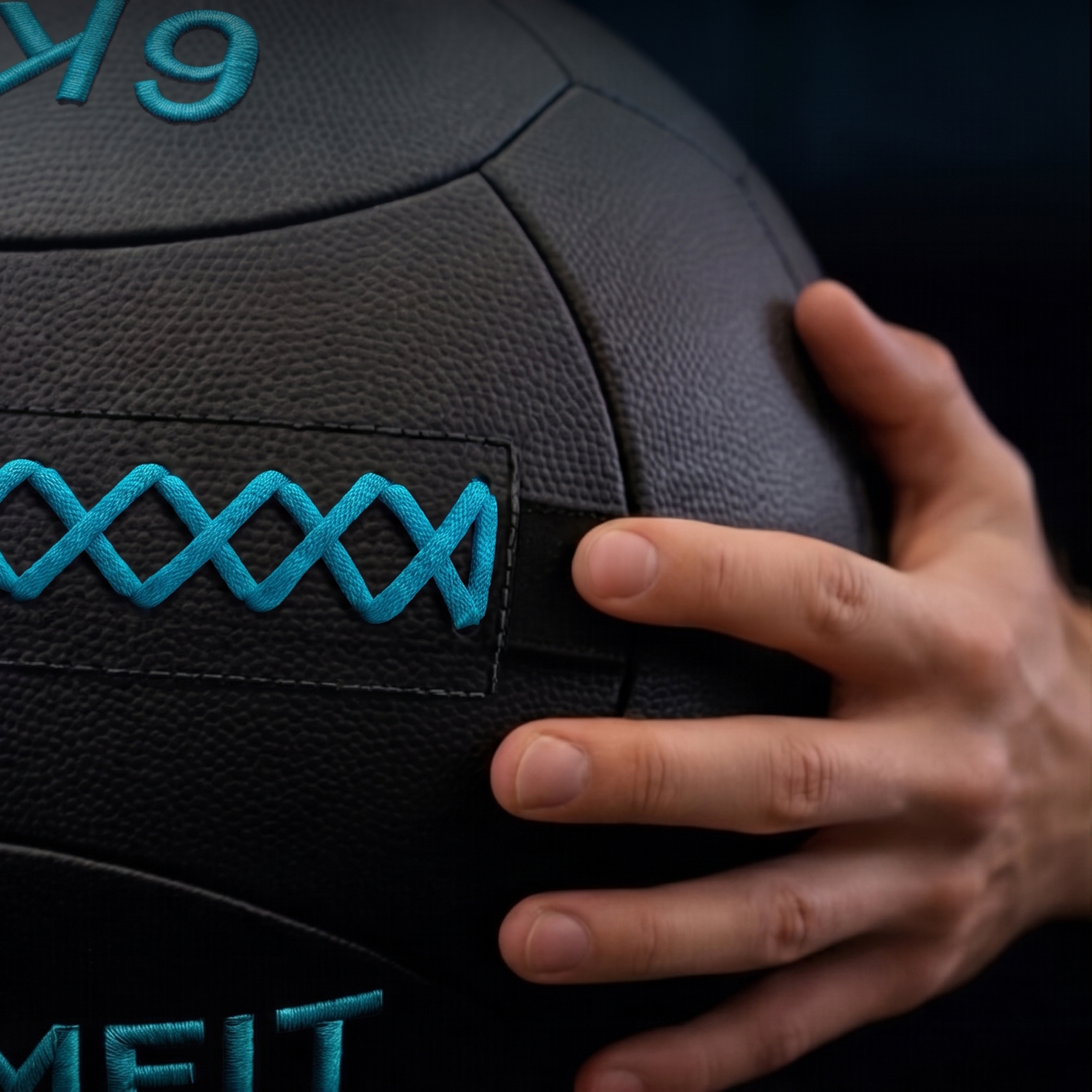 Una mano sostiene un balón medicinal negro con costuras azules sobre fondo oscuro.