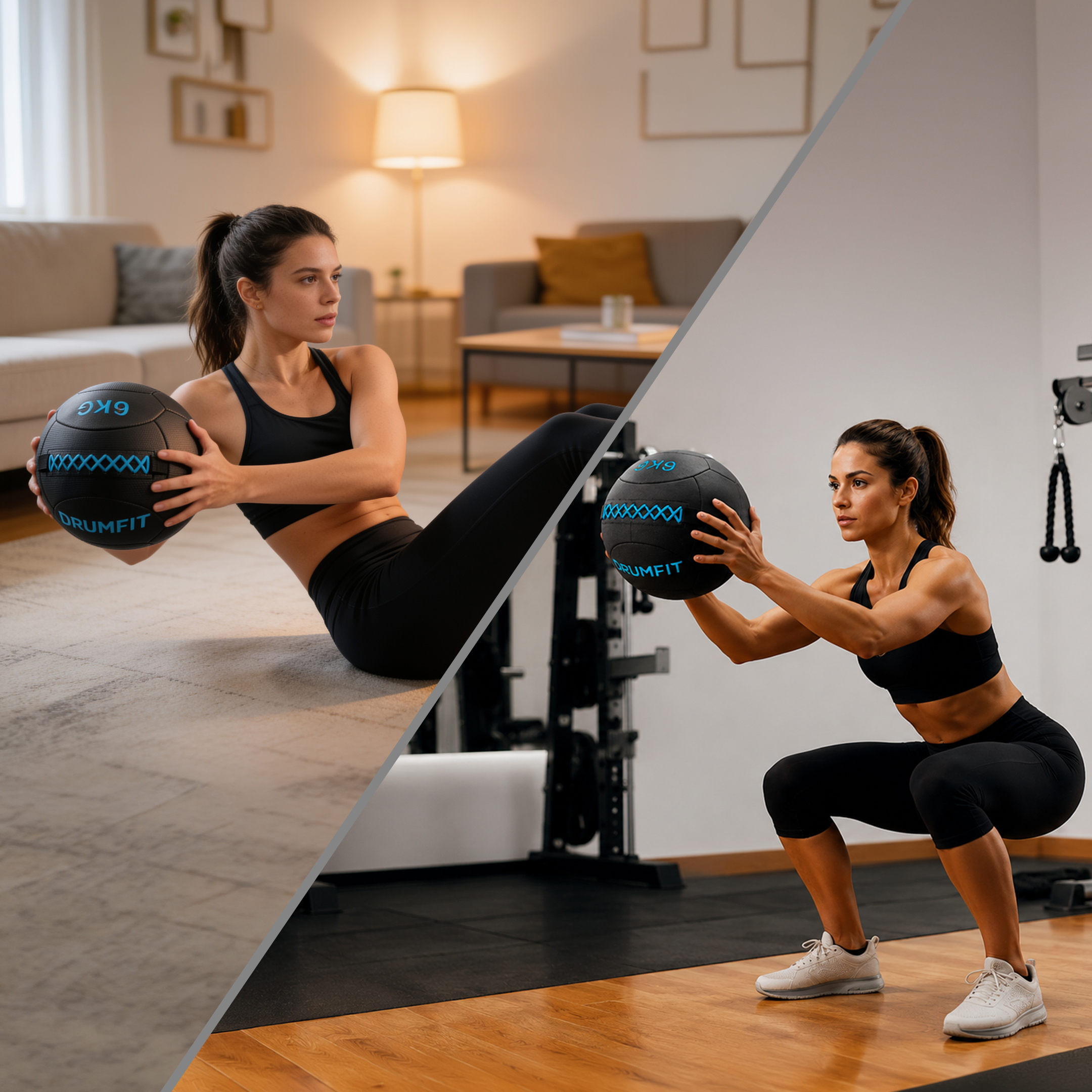 Una mujer con ropa deportiva hace ejercicio con un balón medicinal en casa y en el gimnasio.