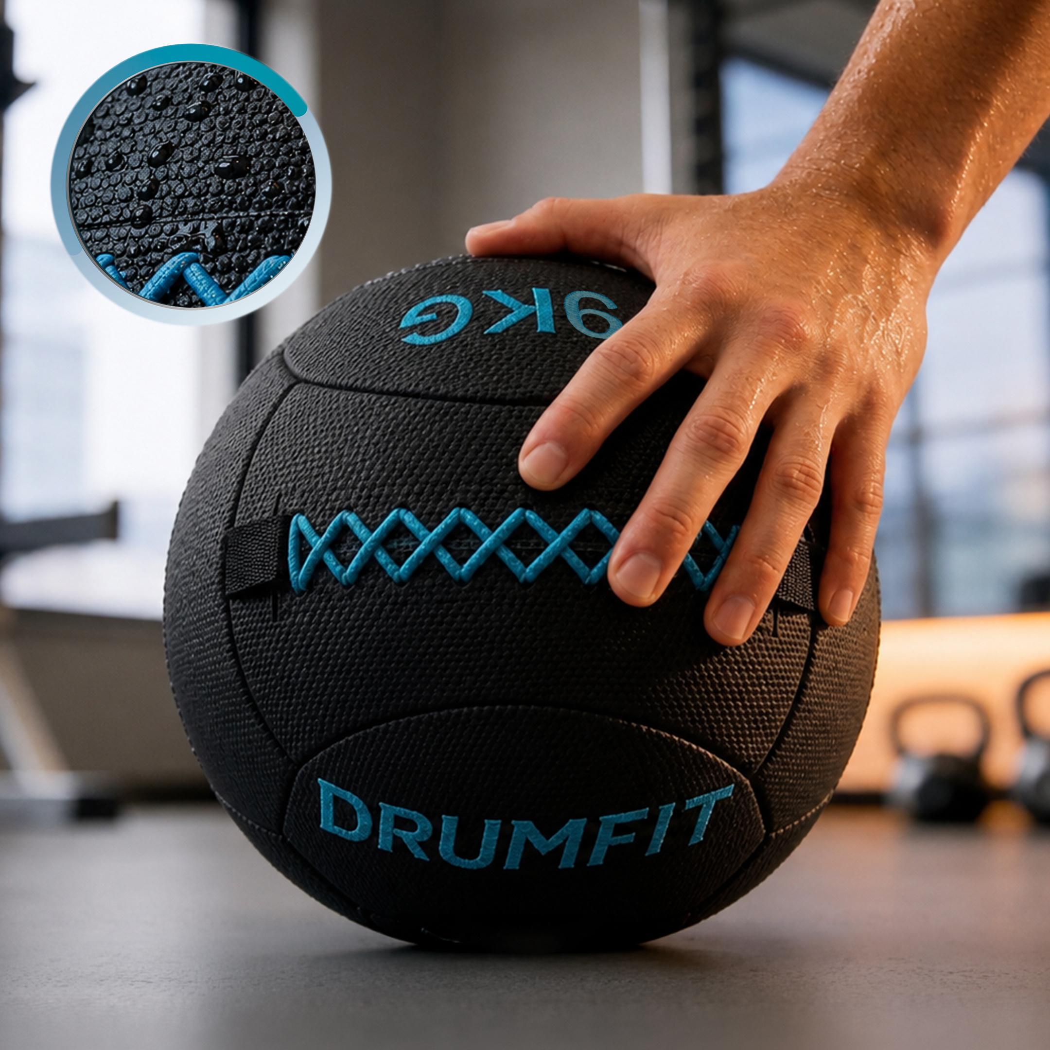 Una mano sudorosa toca un balón medicinal negro Drumfit de 9 kg con costuras azules y un círculo de acercamiento.