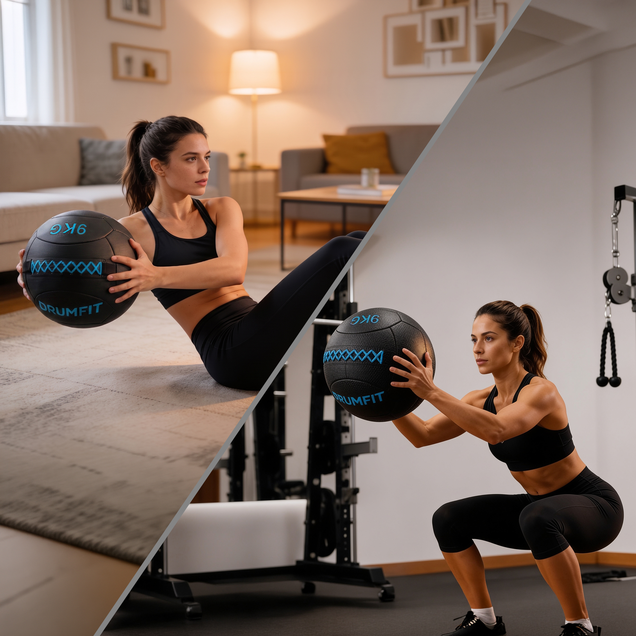 Una mujer en ropa deportiva hace ejercicio en el interior con un balón medicinal en dos poses diferentes.