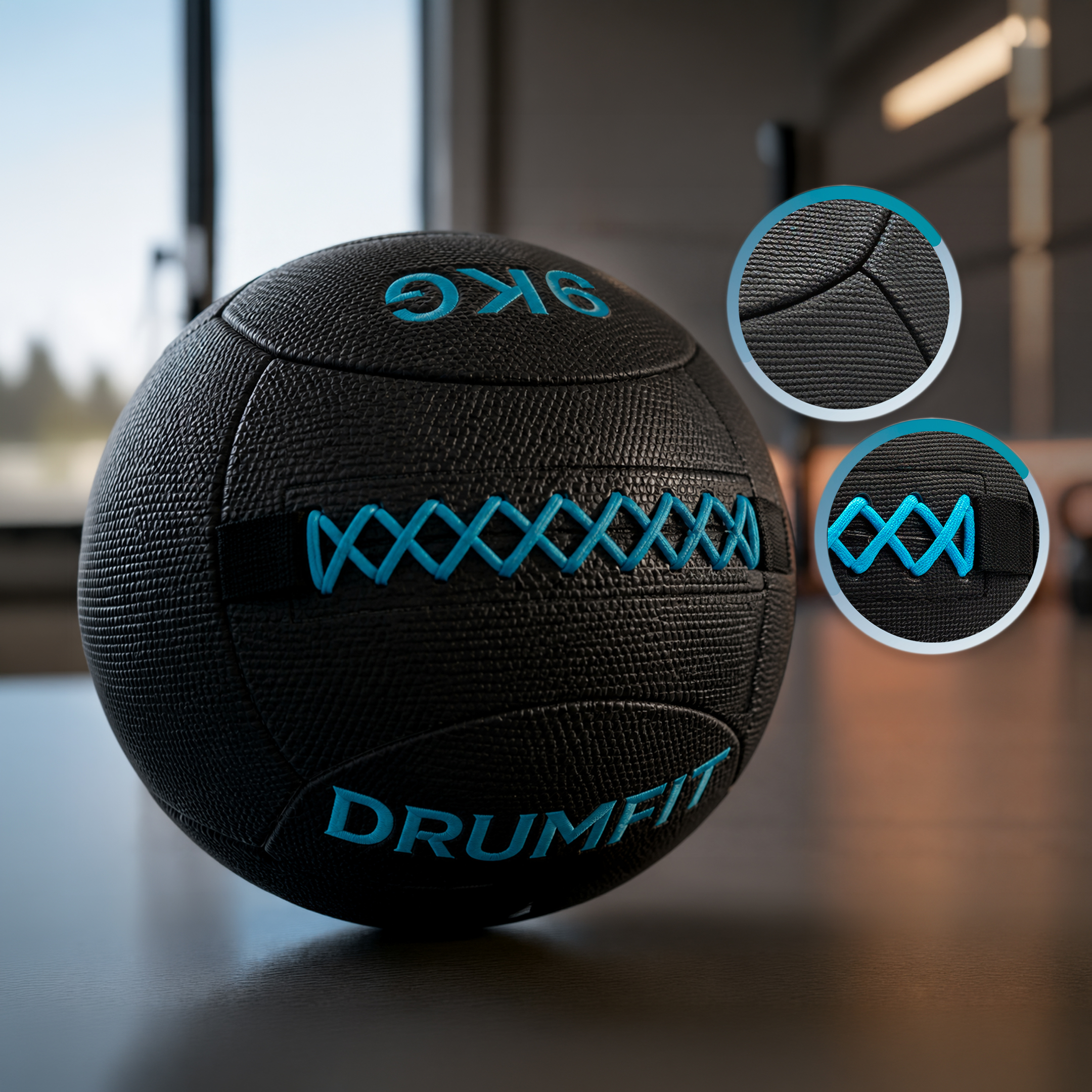 Balón medicinal negro de 9 kg con costuras azules y logotipo sobre una mesa de madera, con dos acercamientos circulares.