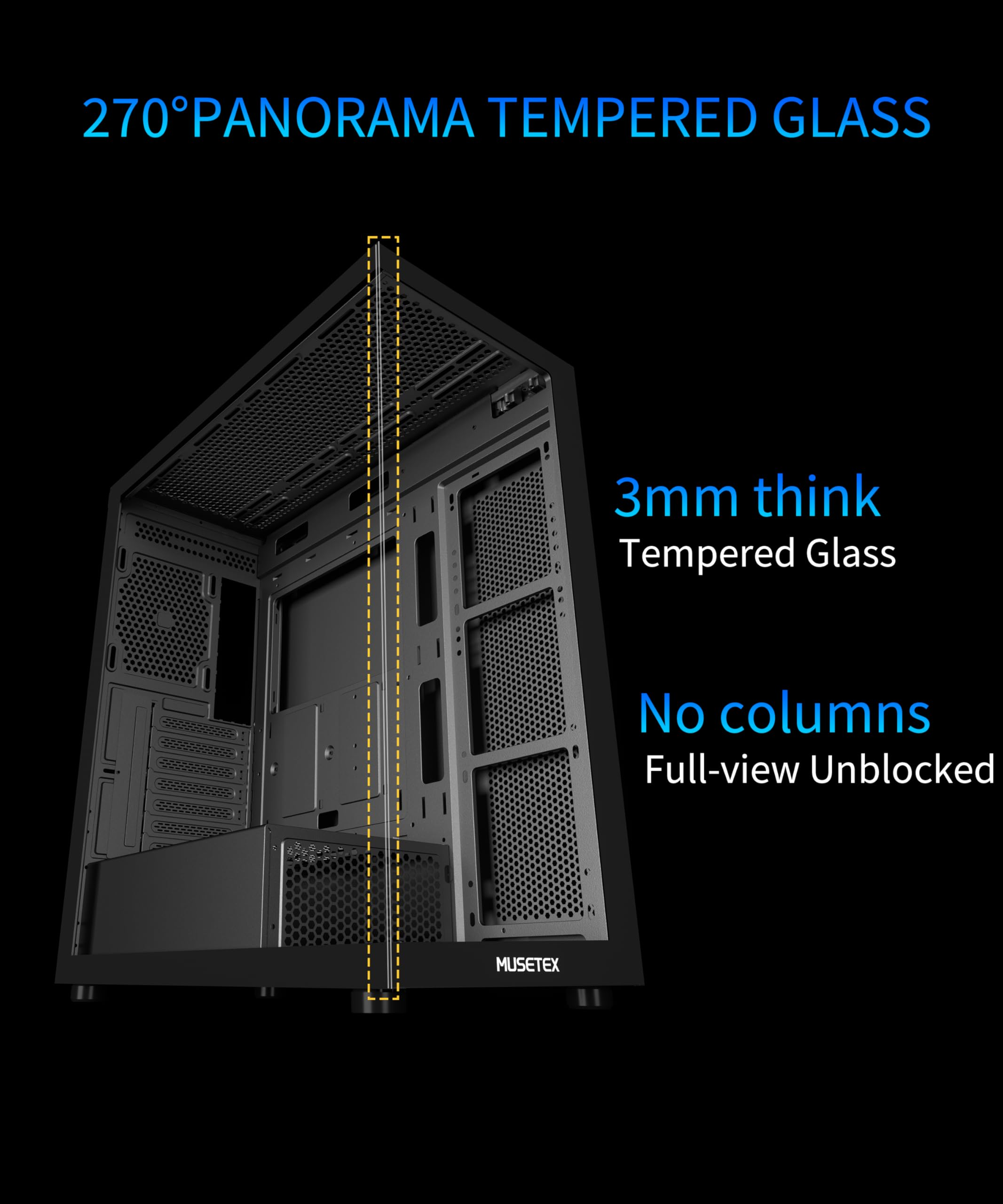 Boîtier de PC noir avec verre trempé panoramique 270°, épaisseur 3 mm, sans colonnes.