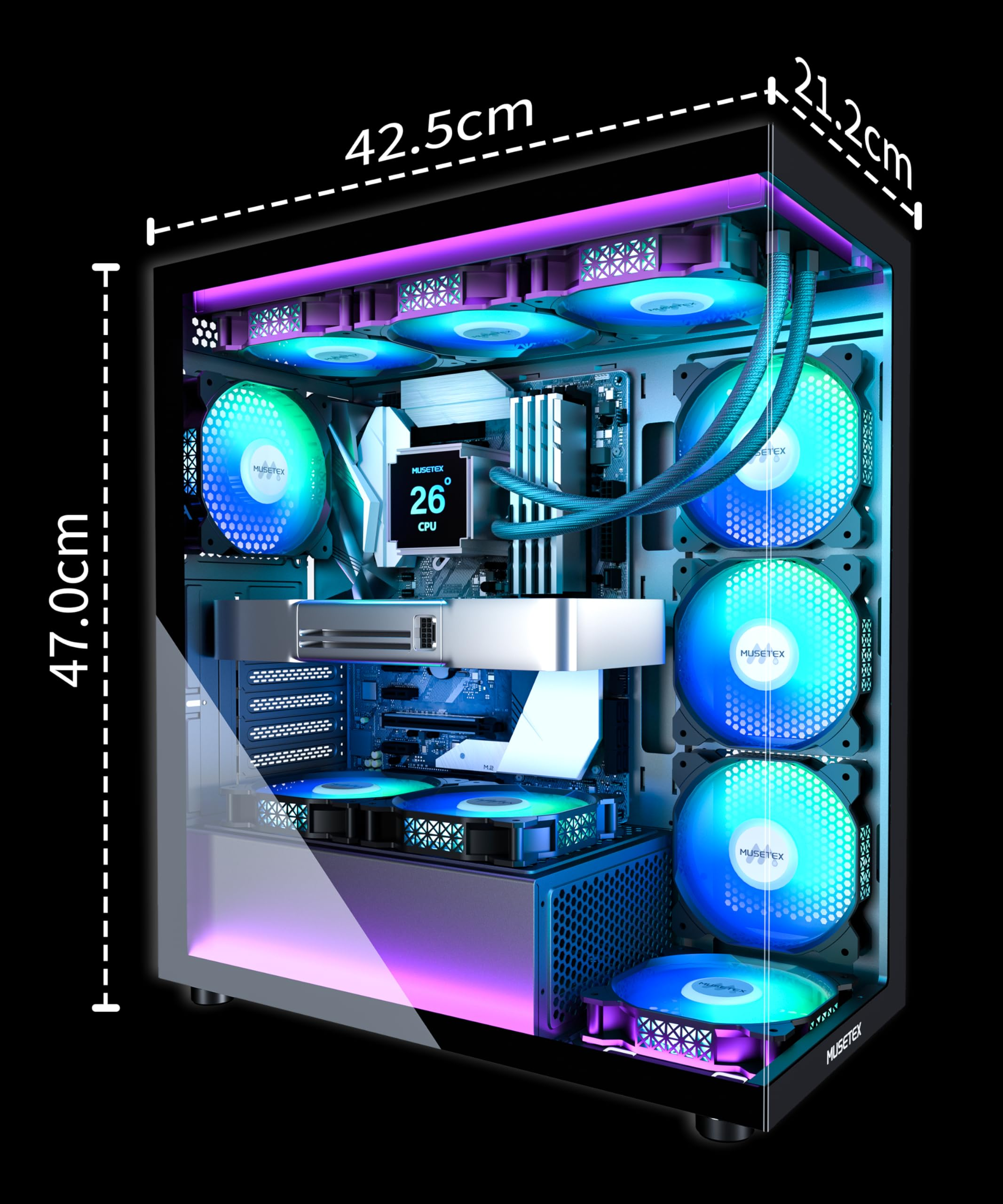 Boîtier PC noir avec ventilateurs RGB cyan, refroidissement liquide et dimensions 47 cm de haut, 42,5 cm de long, 21,2 cm de large.