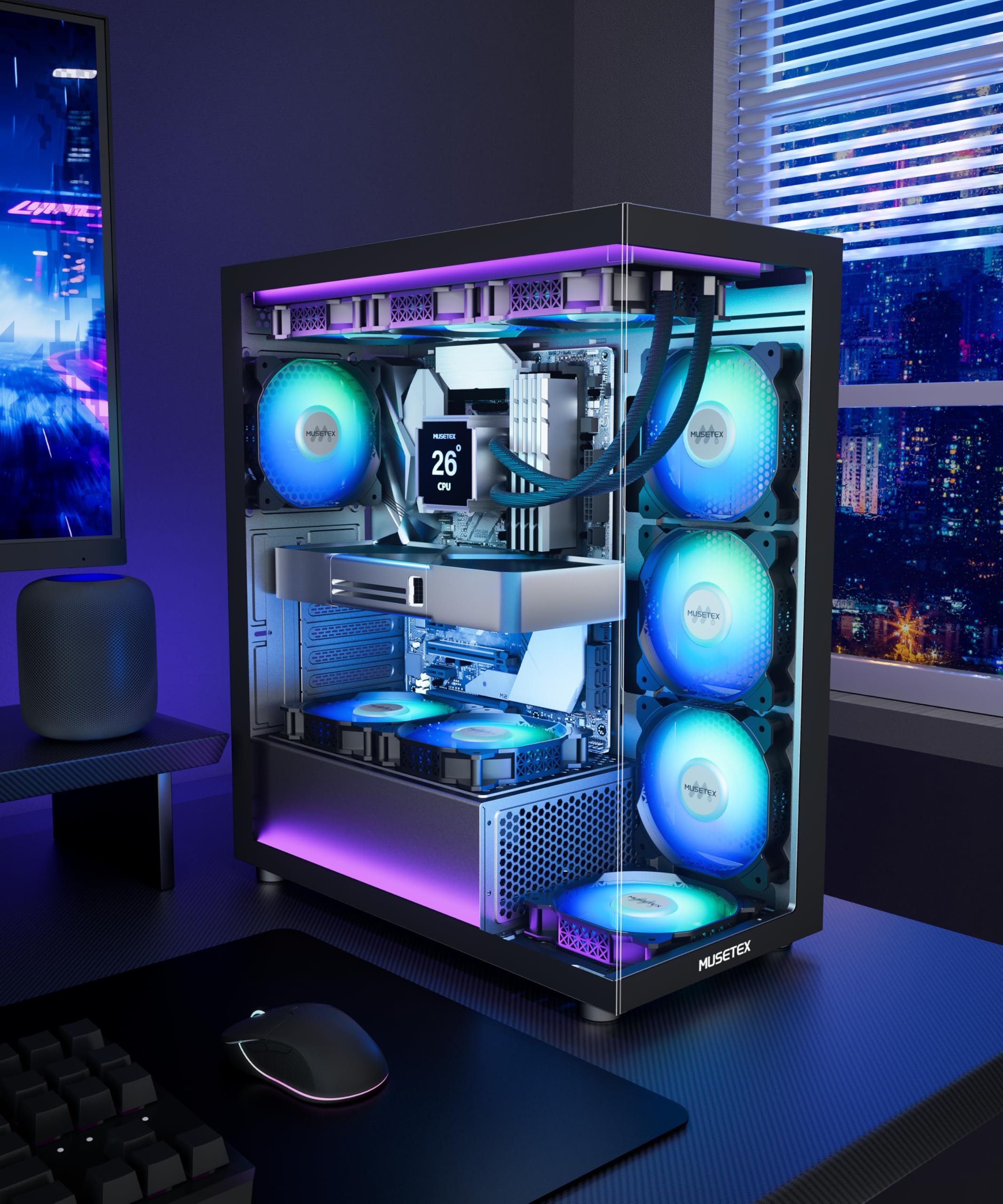 Une tour de PC de jeu avec des ventilateurs bleus et violets lumineux sur un bureau.