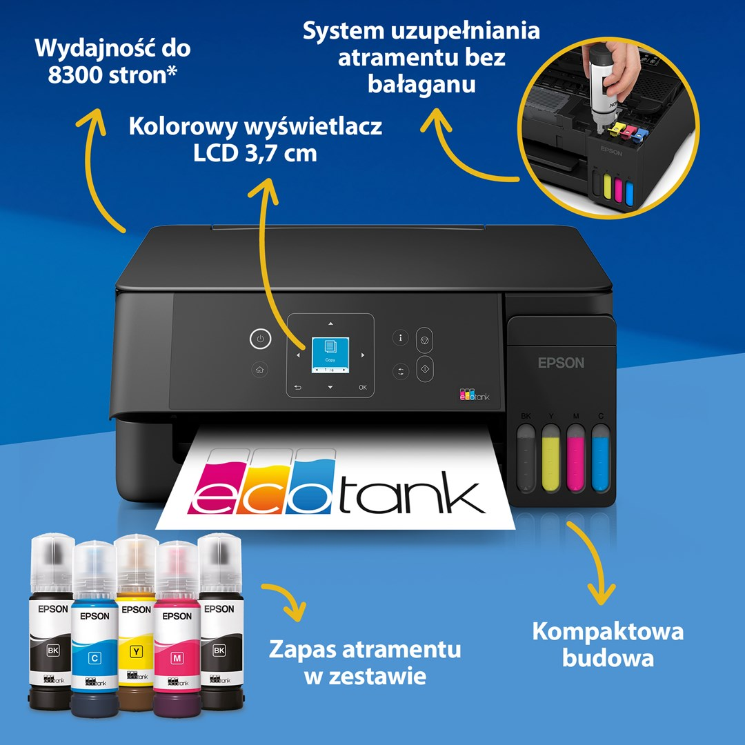 Drukarka Epson EcoTank z pojemnikami na tusz, ekranem LCD i butelkami.