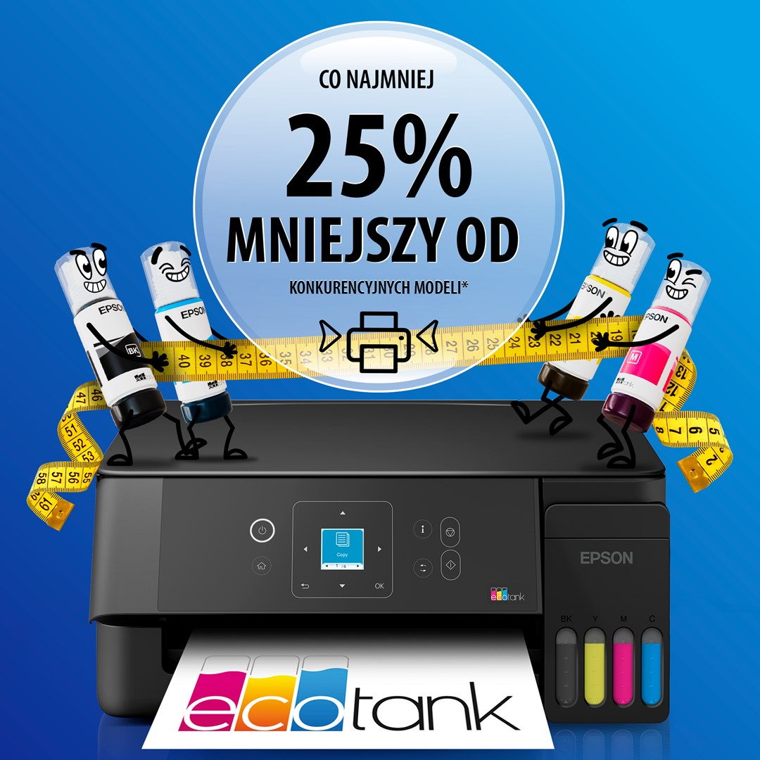 Cztery butelki z tuszem trzymają miarkę przed czarną drukarką Epson.